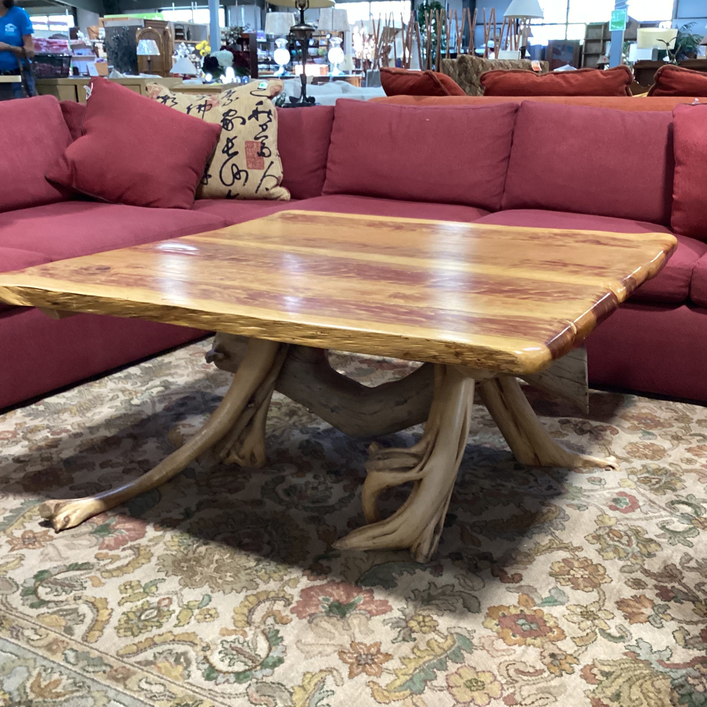 Hand Crafted Live Edge & Stump Trestle Coffee Table 44"x 44"x 20"