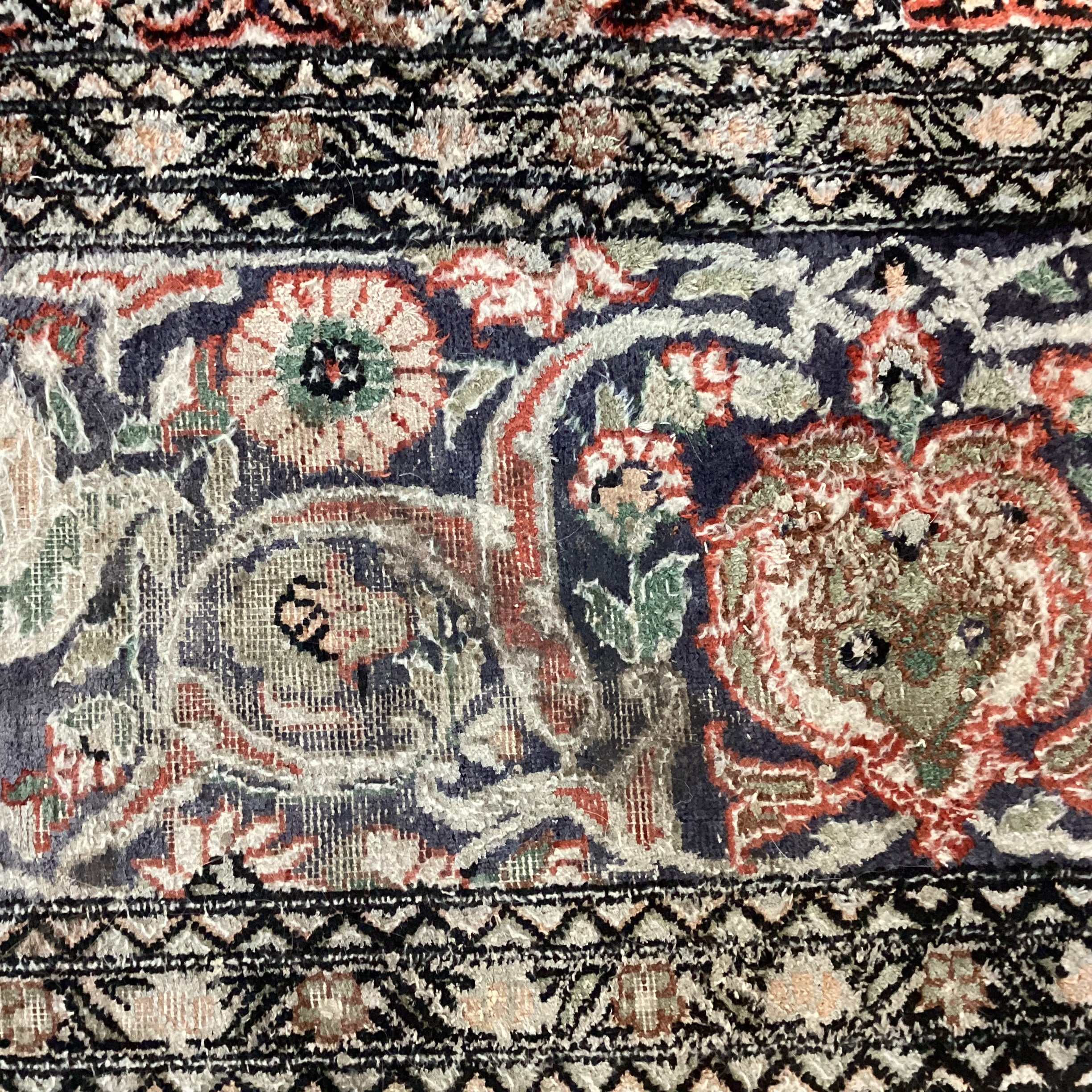 Ivory Rust Coral Blue Green Hand Woven Silk Rug 9'10"x 15.5"