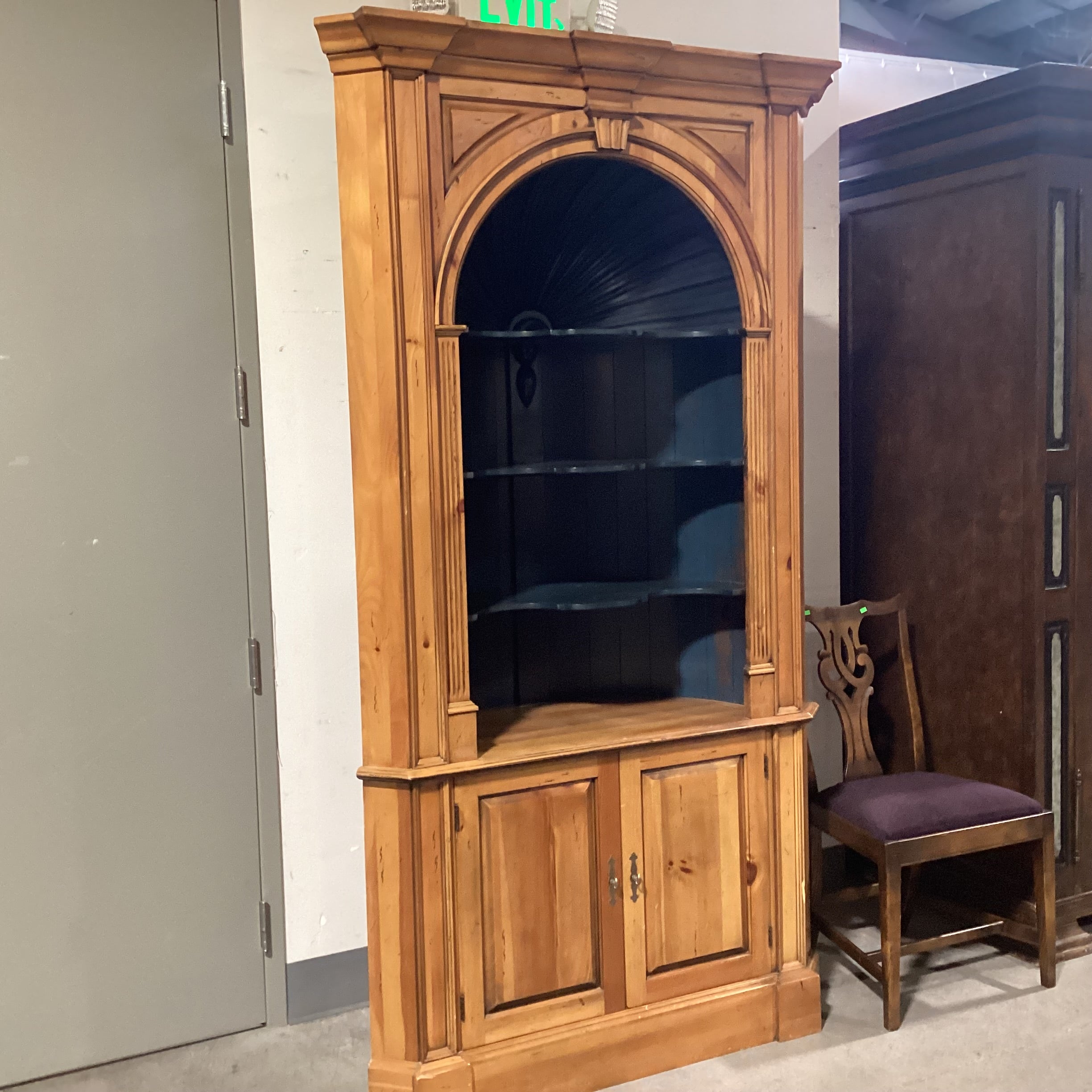 2 Tone Distressed Natural & Teal with Carved Arch Shelves 2 Door Corner Display Armoire 48"x 30"x 88"