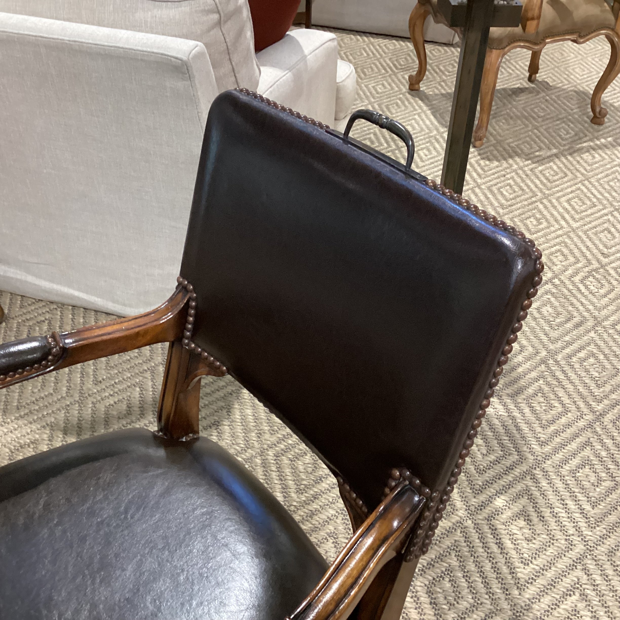 Carved Wood Leather Nailhead & Back Handle Chair 24"x 24"x 39"