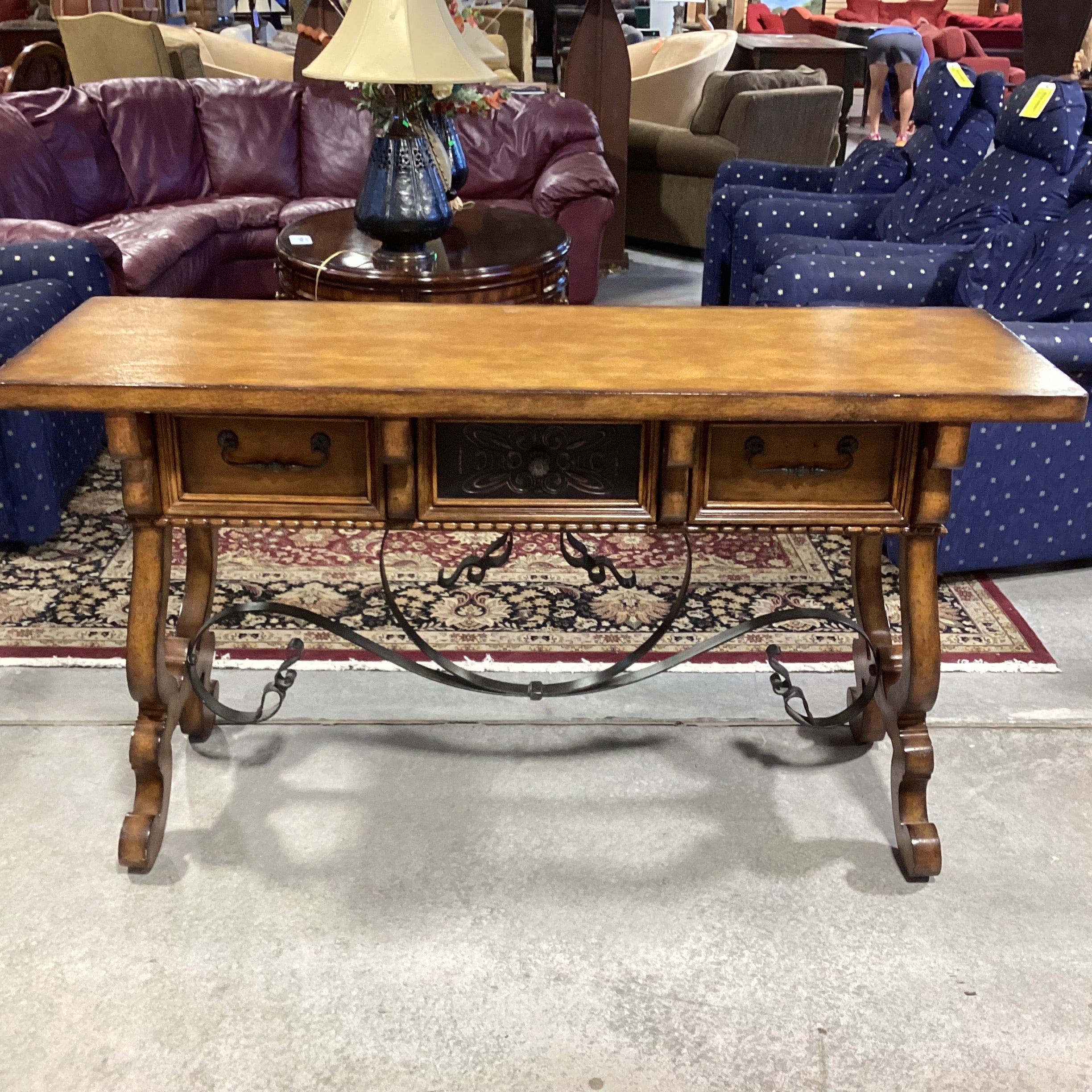Maitland Smith Distressed Finish Carved Wood & Ornate Iron Trestle 3 Drawer Console Sofa Table 58"x 19"x 32"