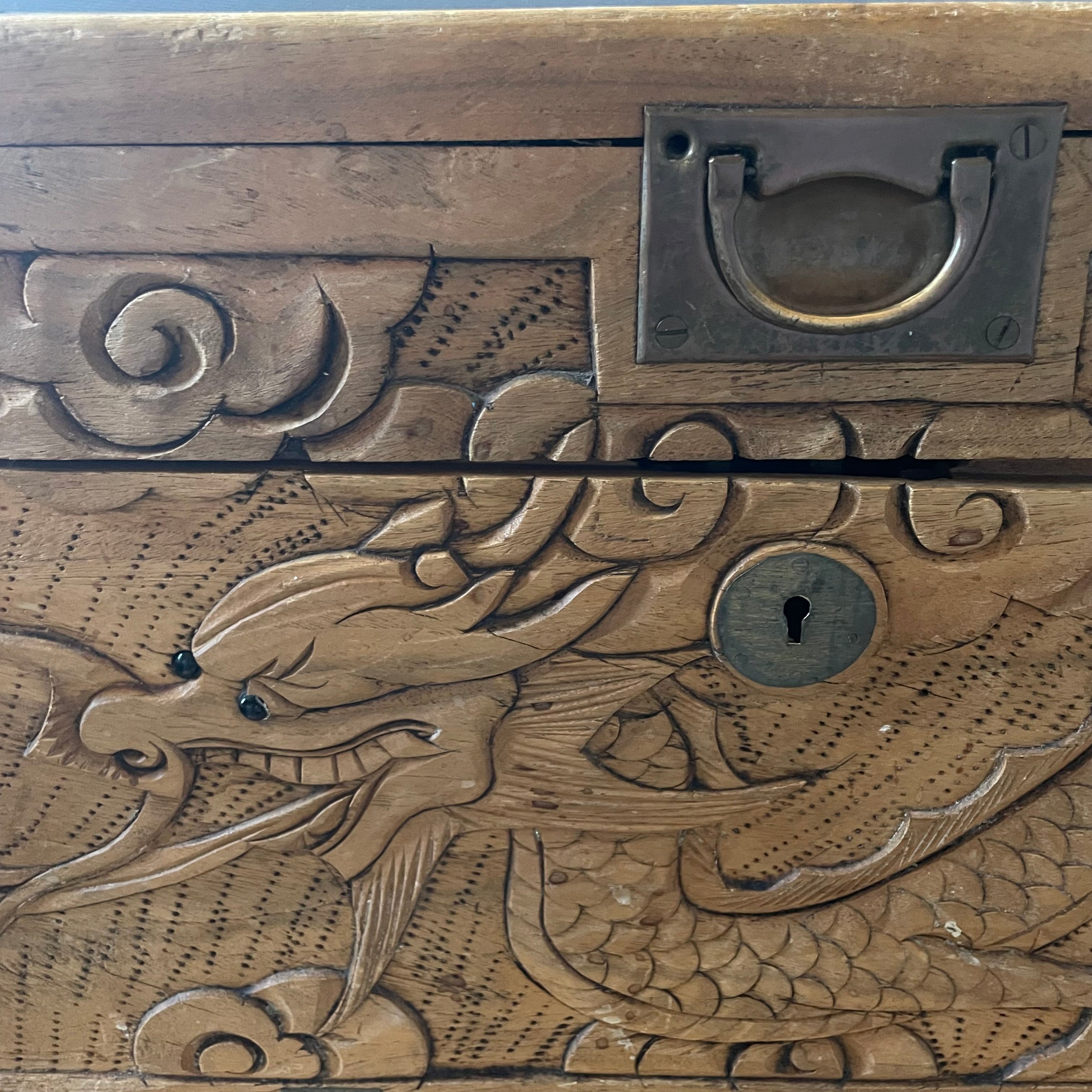 Vintage Carved Dragons Asian Style Rustic Trunk, 27"x 13"x 12"Dragons