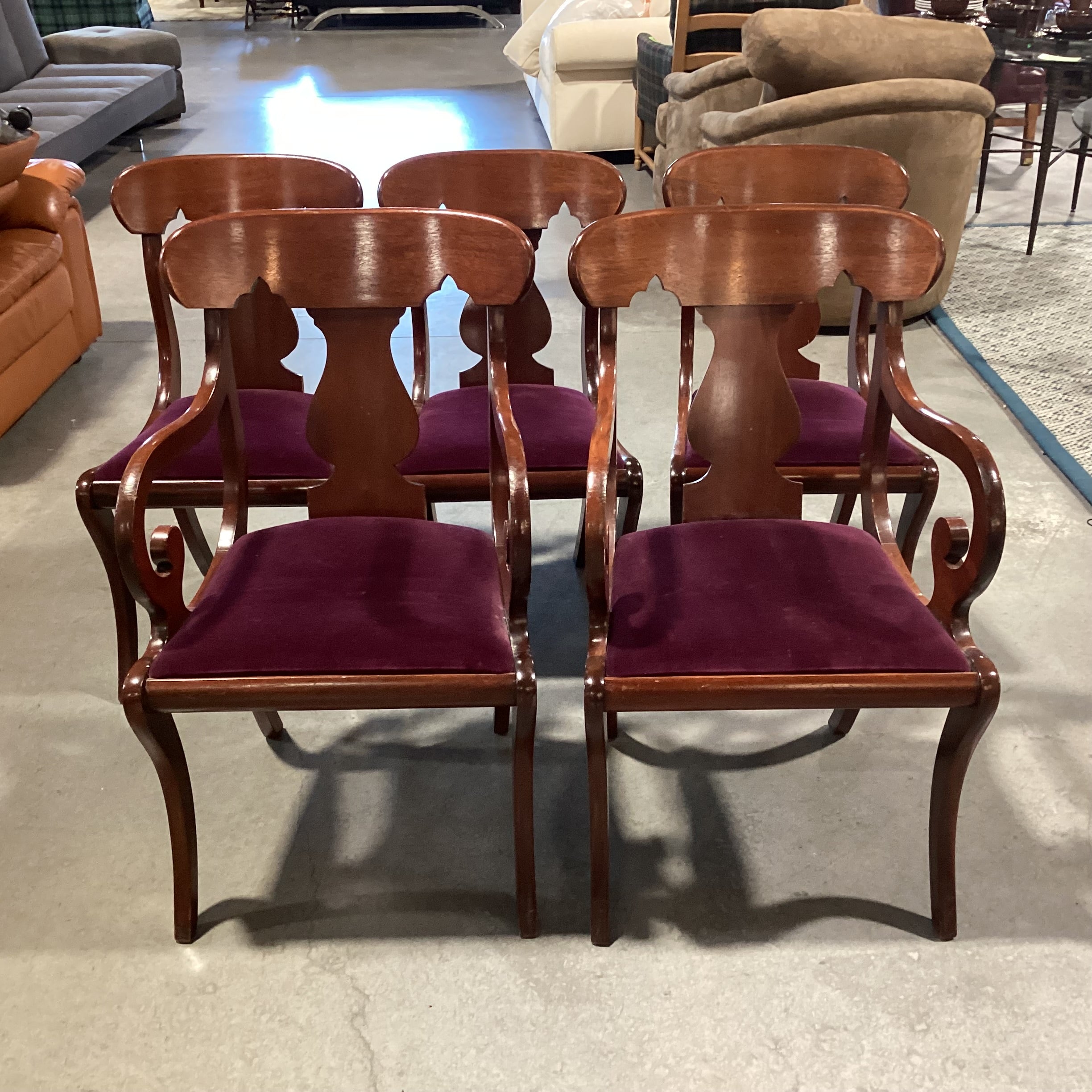 SET of 5 Vintage Scroll Arm & Eggplant Velvet Dining Chairs 21"x 21"x 36"