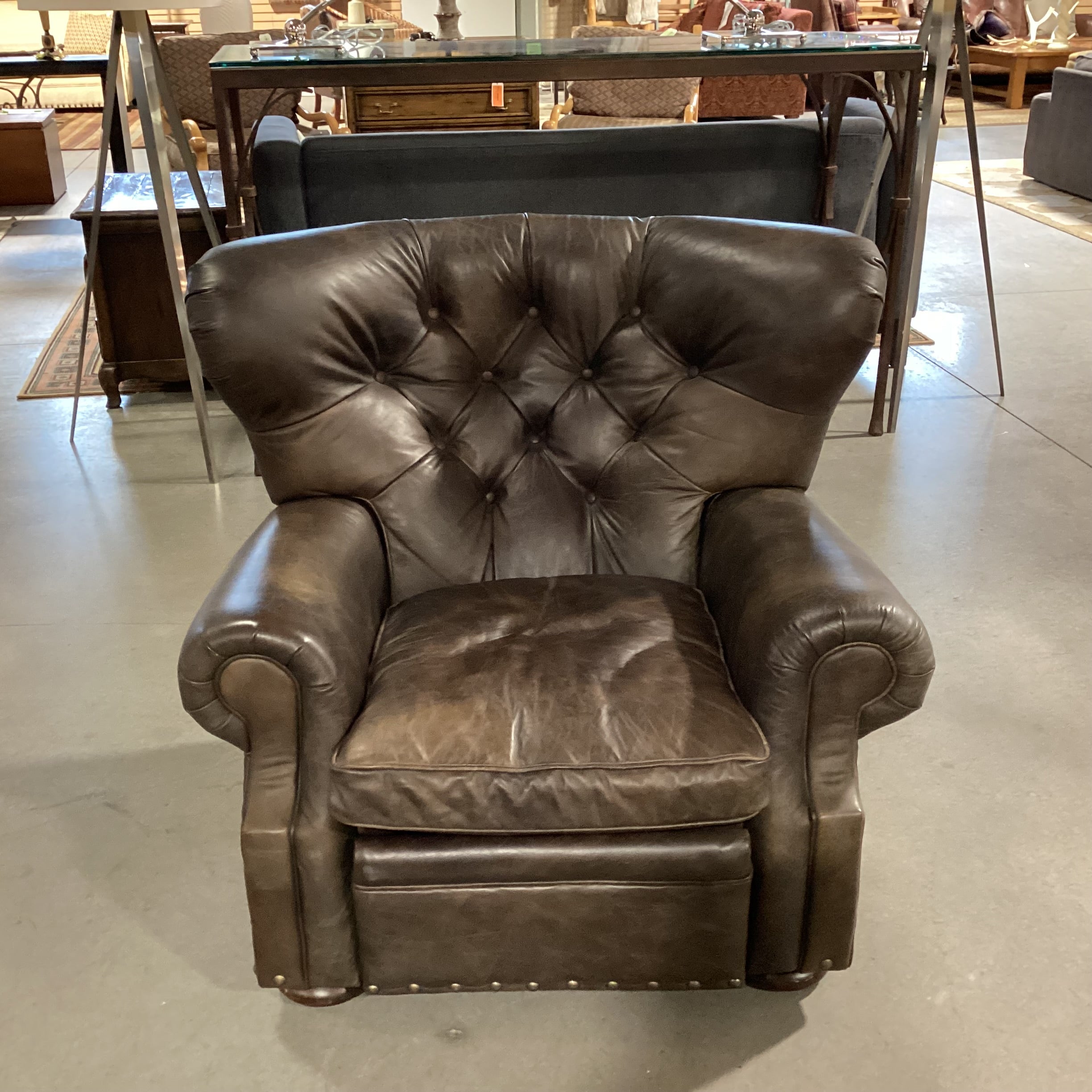 Restoration Hardware Taupe Brown Leather Tufted Nailhead Recliner Chair 42"x 36"x 36"