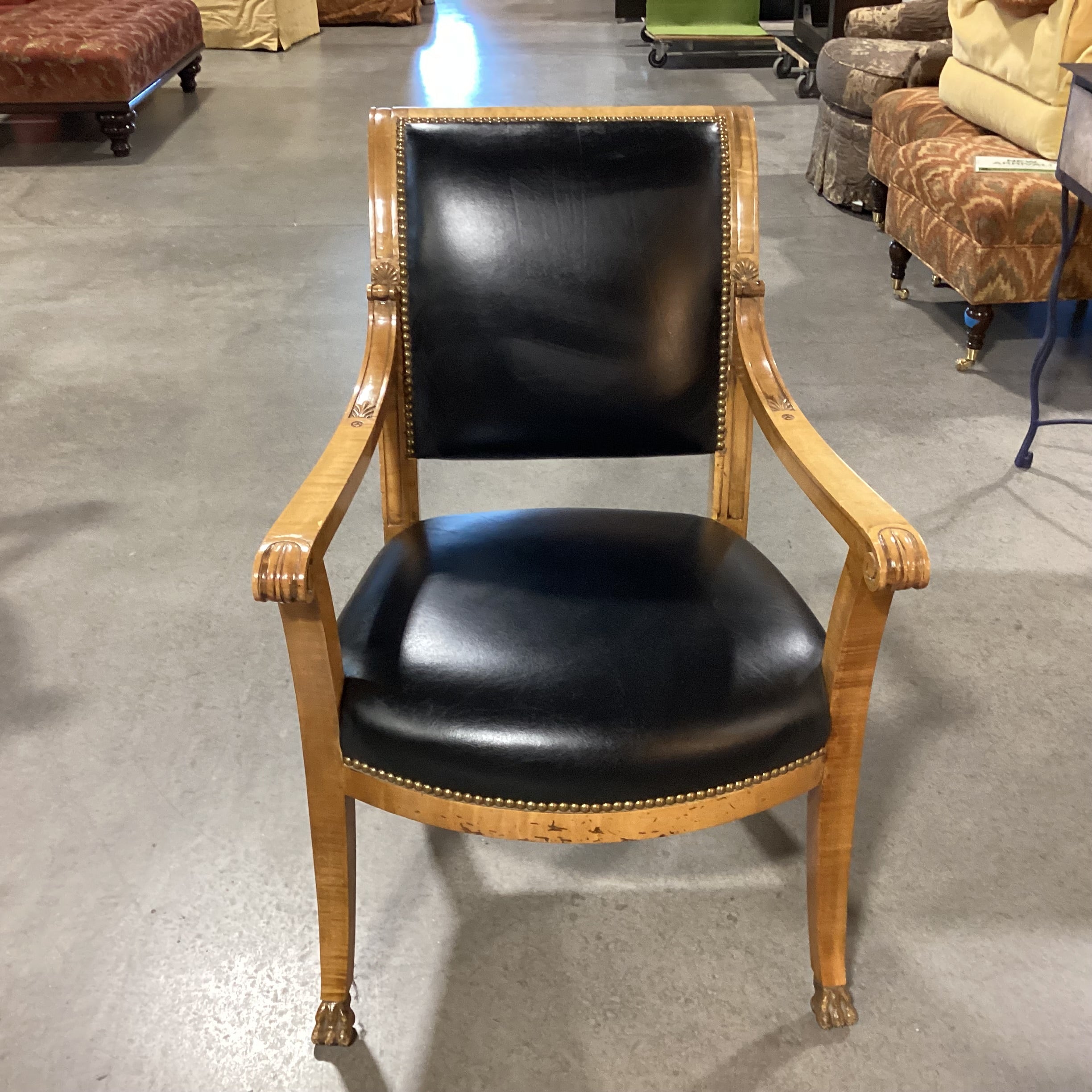 Brustlin Workshop Ornate Carved Wood Black Leather Nailhead Chair 25"x 28"x 35.5"