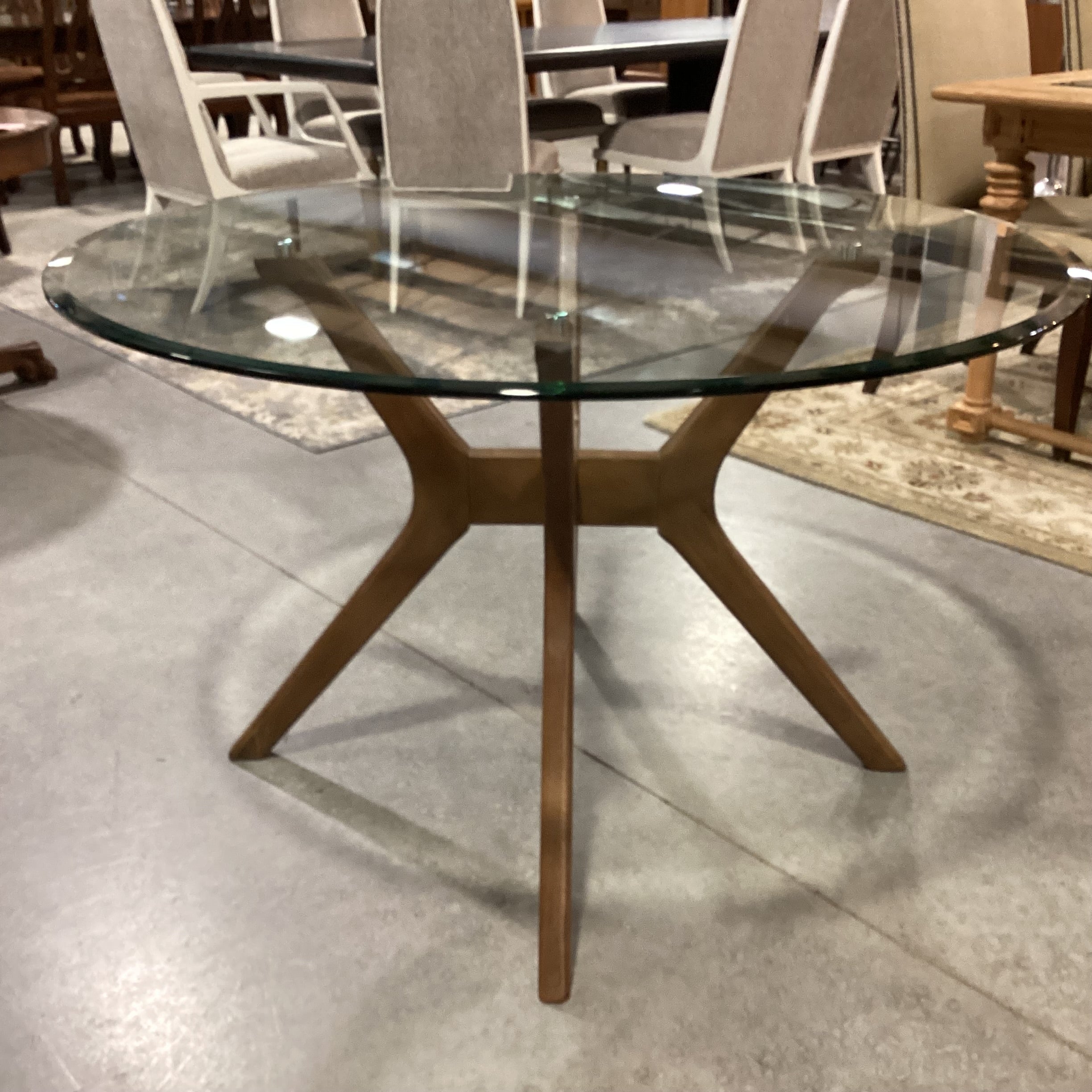 Mid Century Style Round Glass & Wood 4 Leg Pedestal Dining Table 48" Diameter x 30"
