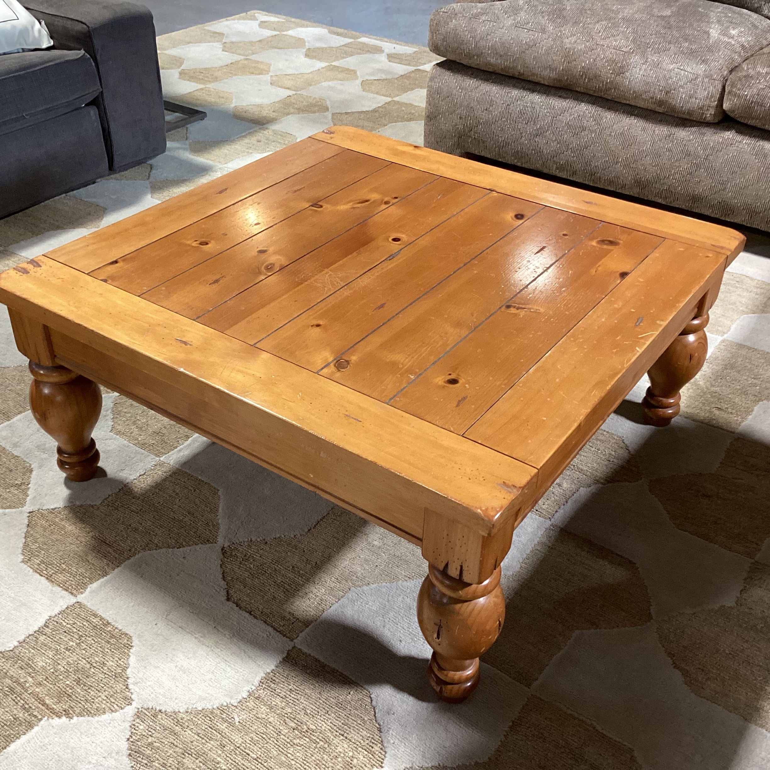 Finished Carved & Plank Pine Coffee Table 38"x 38"x 17"