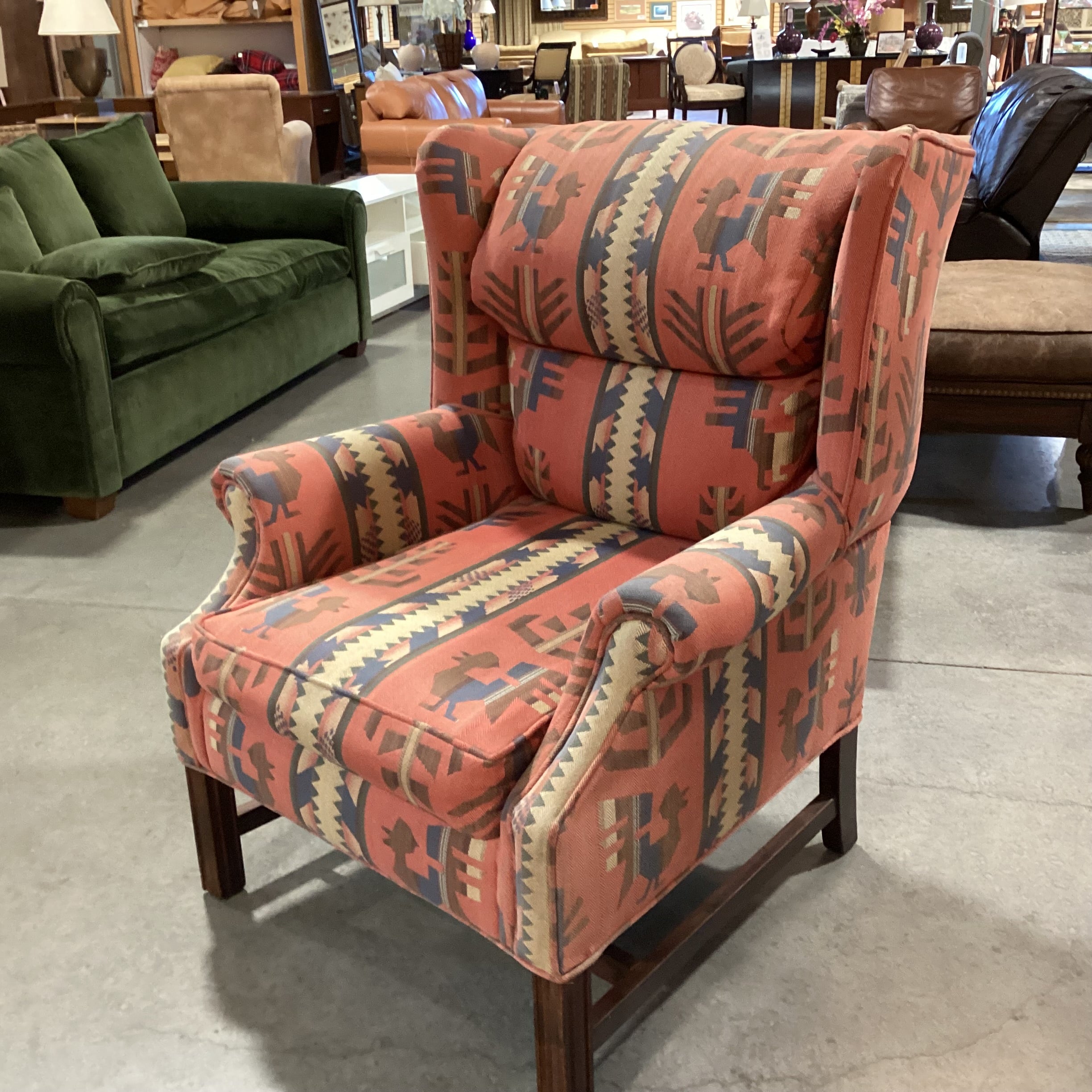 Red & Blue Southwest Woven & Wood Base Wing Chair 34"x 36"x 41"