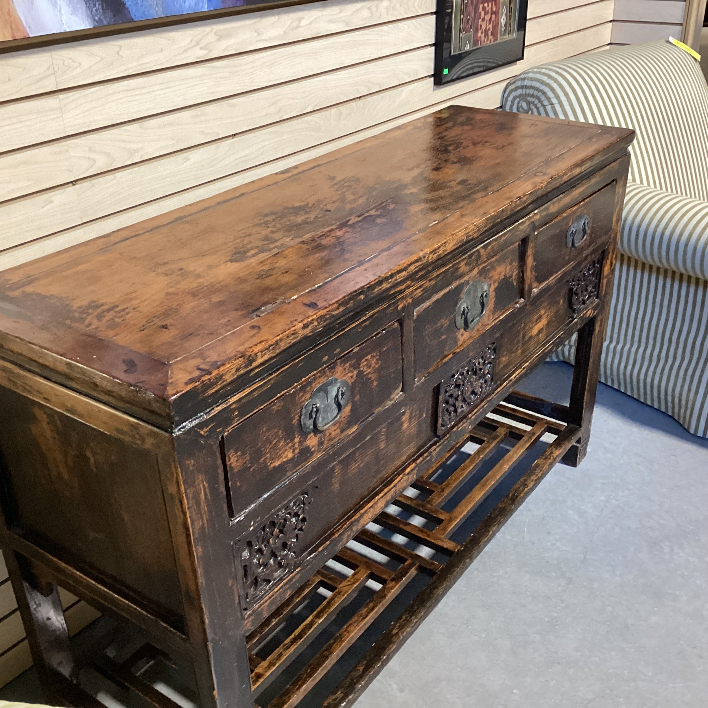 Vintage Antique Asian Carved Wood Lacquer Distressed Buffet 54.5"x 18.5"x 35"