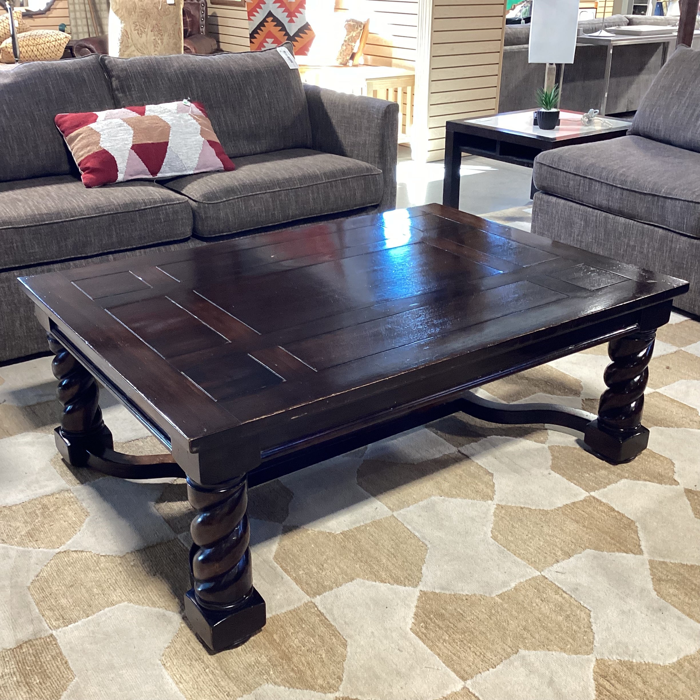 Solid Dark Finish Wood With Spiral Carved & Trestle Base Coffee Table 54"x 38"x 20"