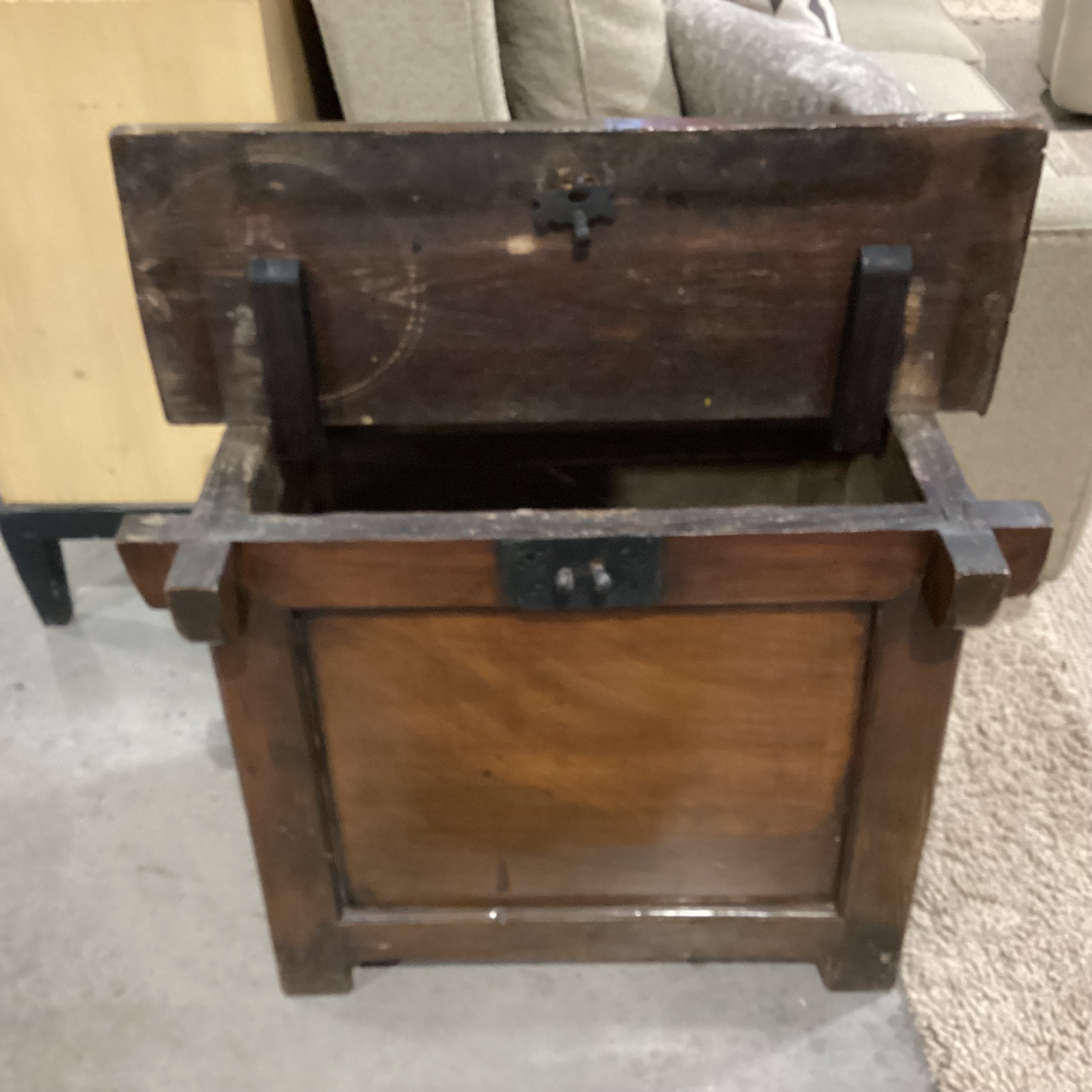 Antique Oriental Pine & Hand Wrought Iron Chest Trunk 30"x 21.5"x 26"