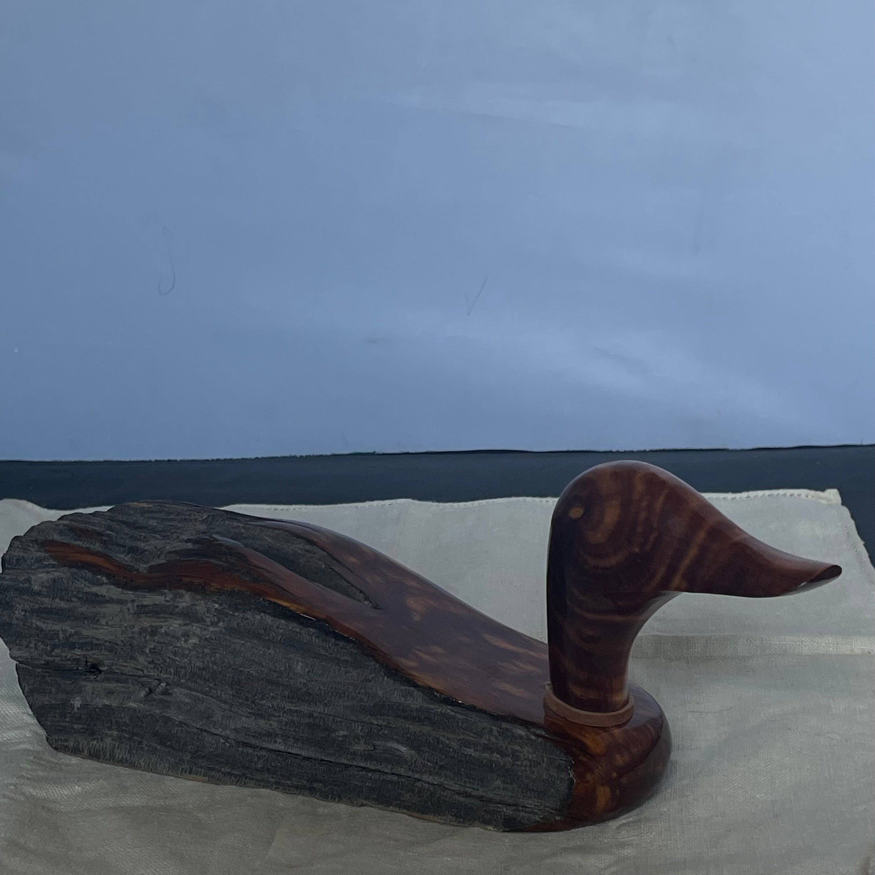 Tim Bergren Signed Carved Wood Fence Post Duck Sculpture, 10"x3.5"x 3.75"