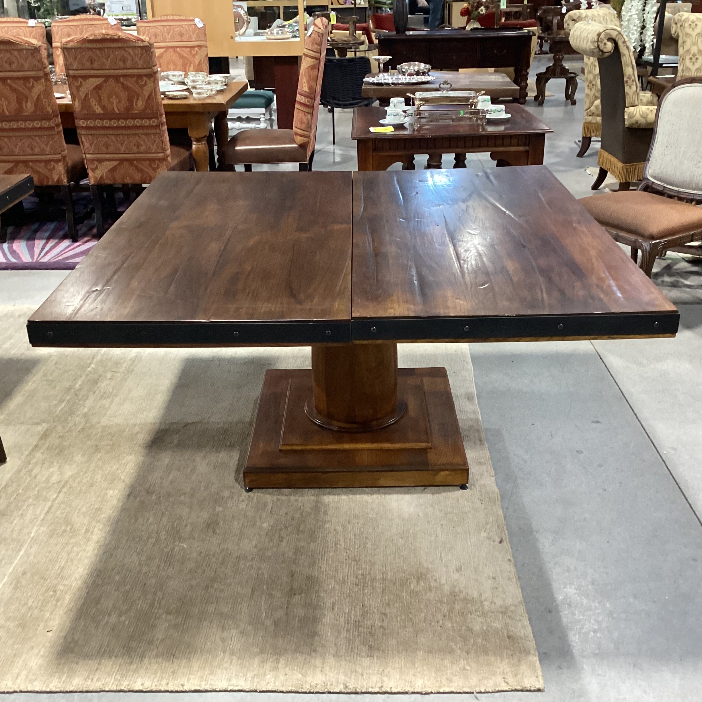 Custom Walnut & Iron Nailhead Edge with Pedestal Dining Table 60"x 60"x 30.5"