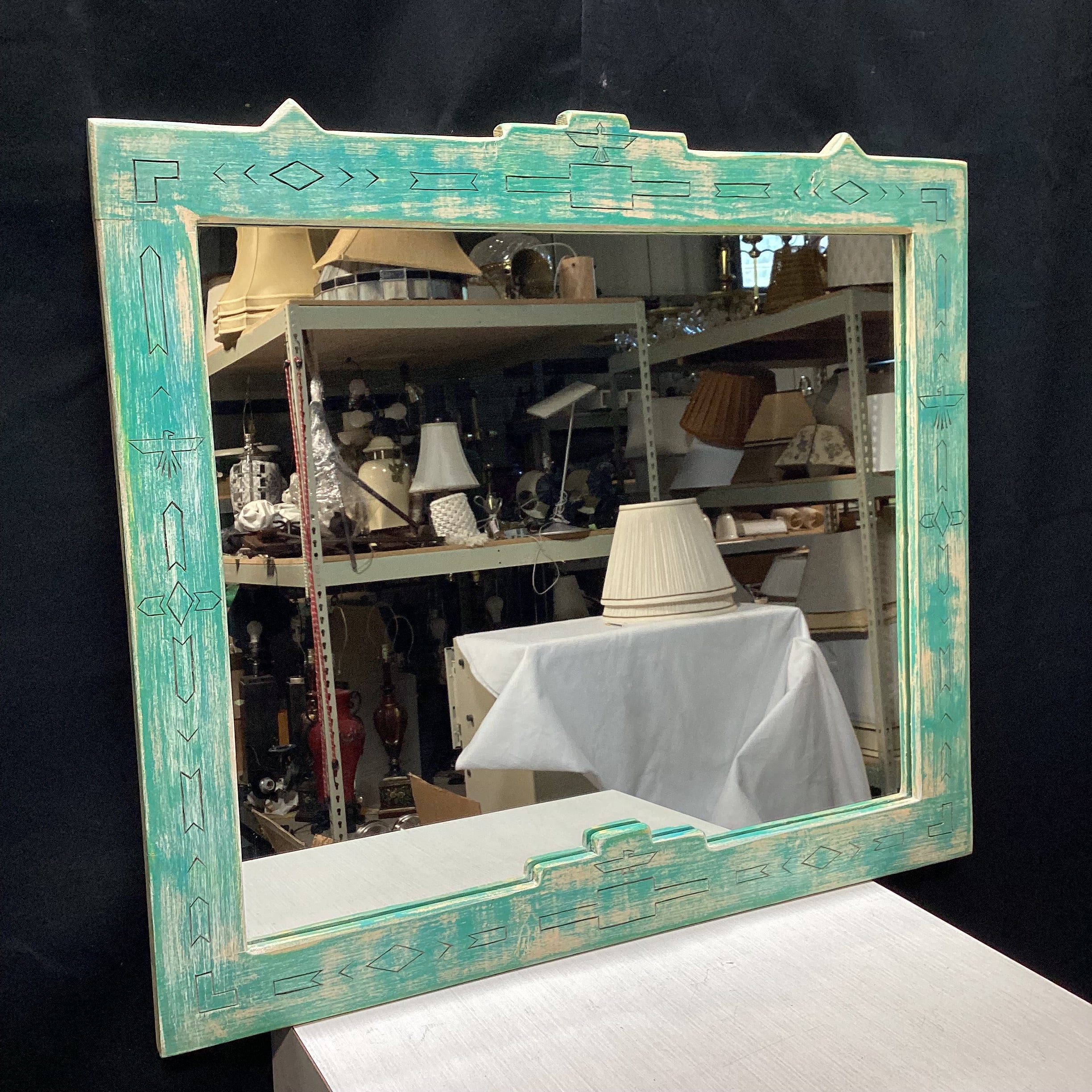 Handcrafted Native American Motif Wall Mirror 28" x 25"