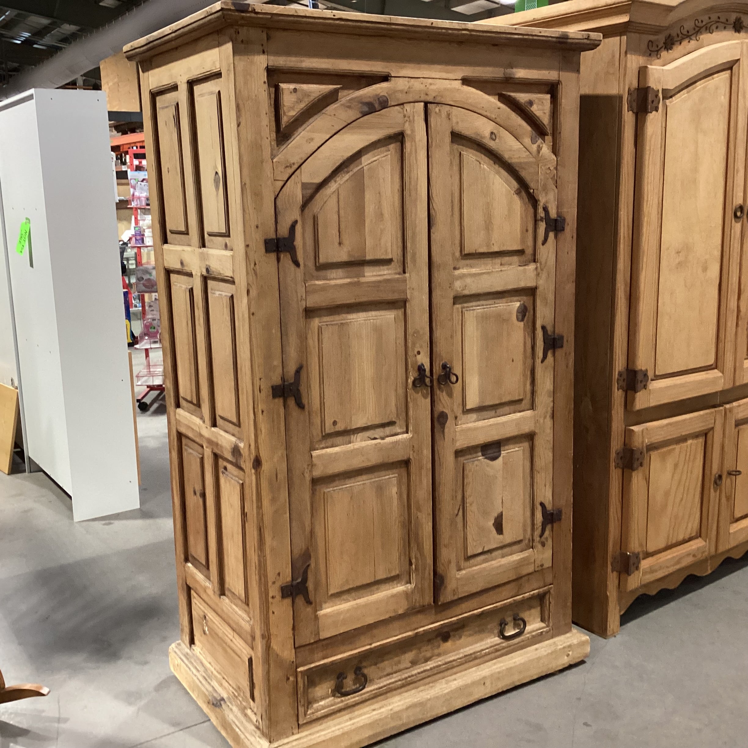 Rustic Pine with Carved Panel Detail 2 Door with Bottom Drawer Armoire 43"x 26.5"x 72"