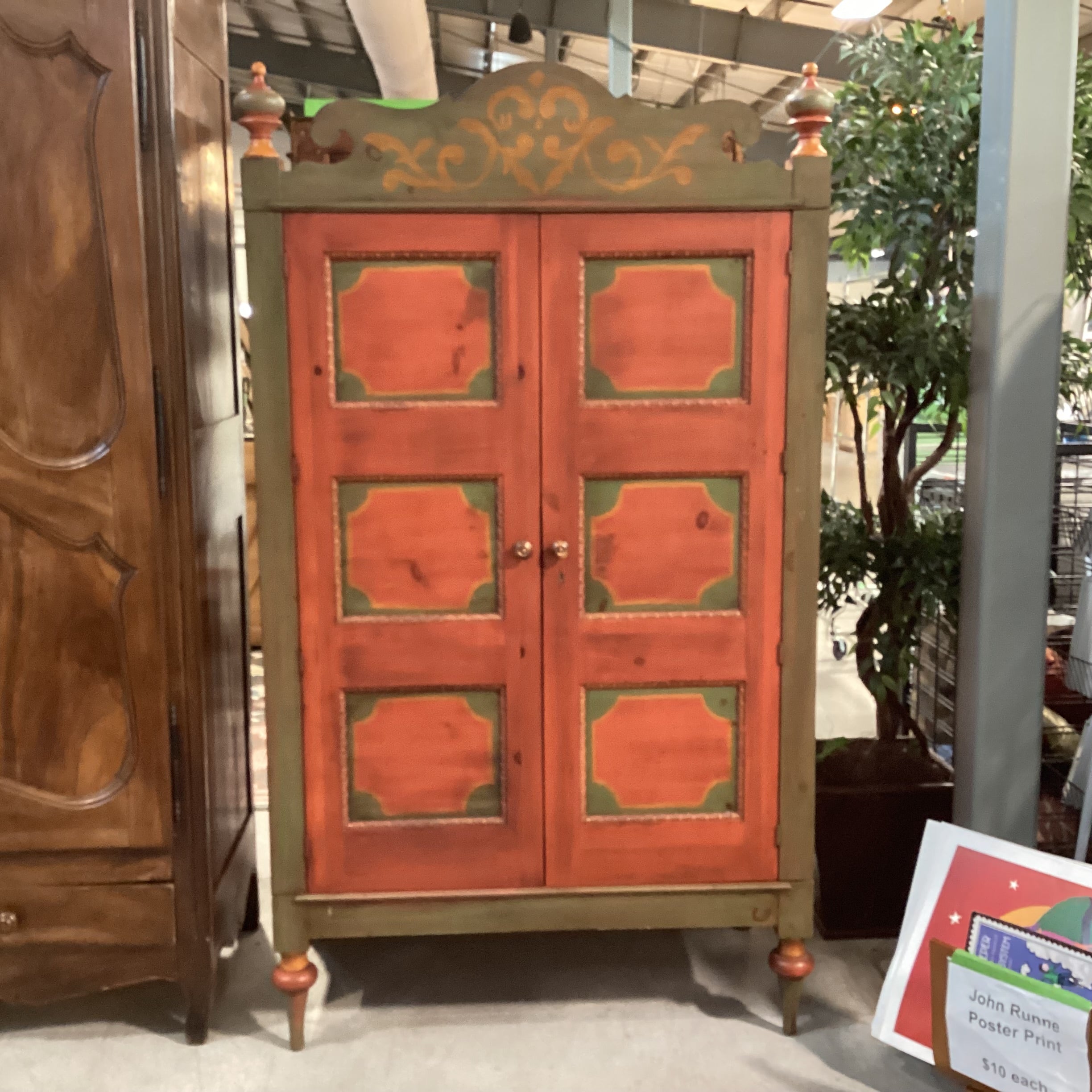 Custom Carved Wood Antiqued Red & Green Handpainted 2 Door Wardrobe Armoire 46"x 24"x 82"