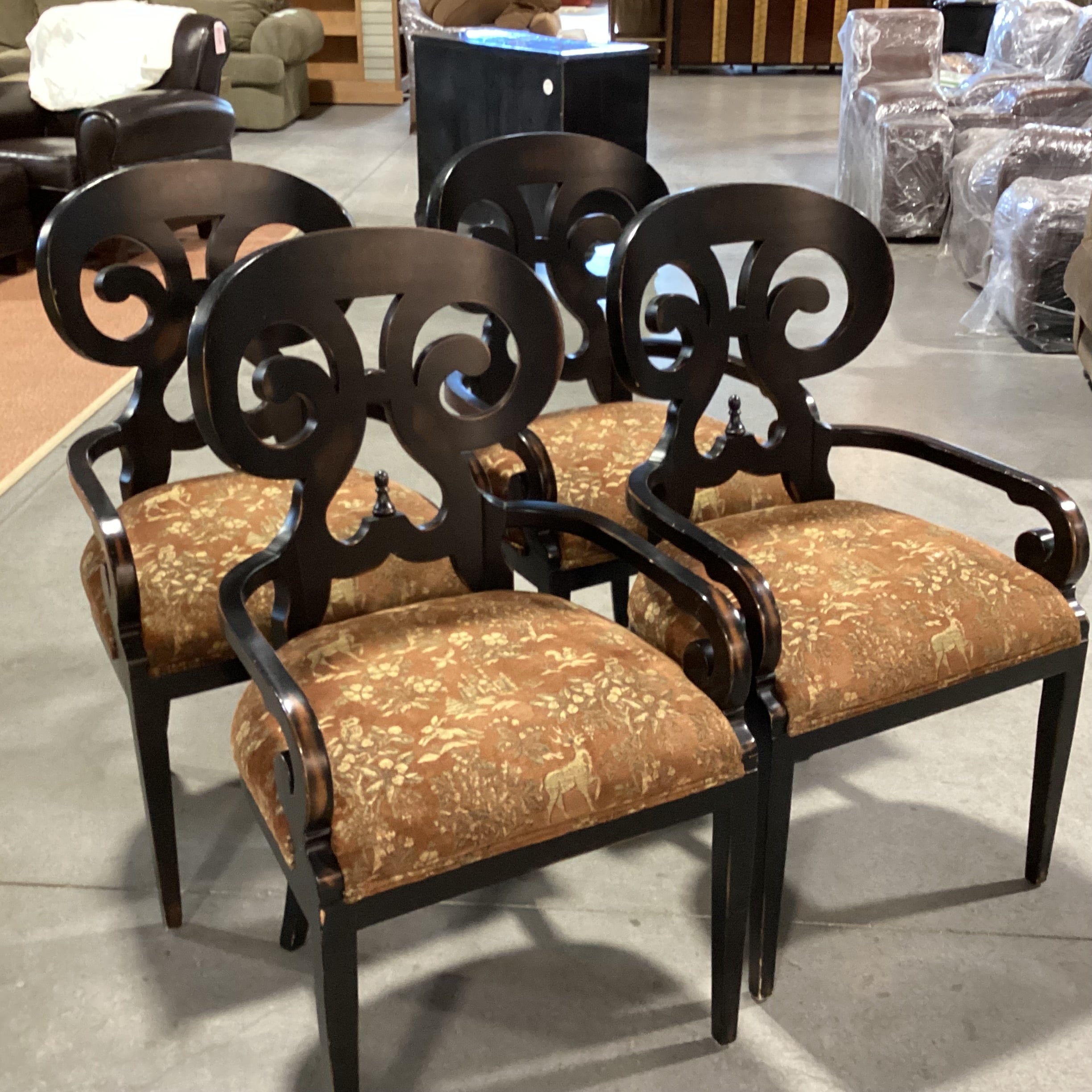 SET of 4 Vanguard Ornate Scroll Antiqued Black Wood & Brown Gold Animal Scene Upholstery Dining Chairs 23"x 23"x 40"