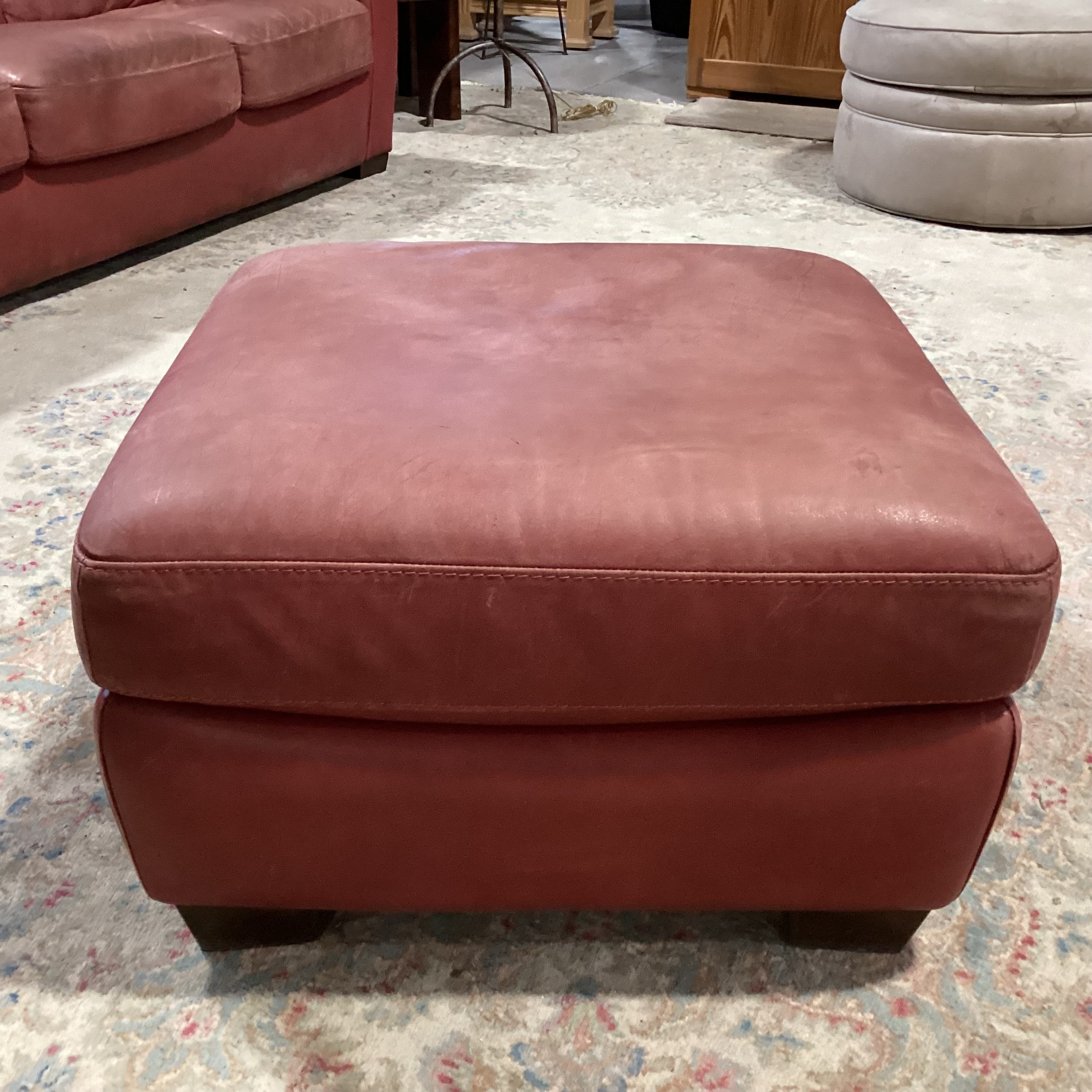 Brick Red Leather Ottoman 26"x 26"x 16"