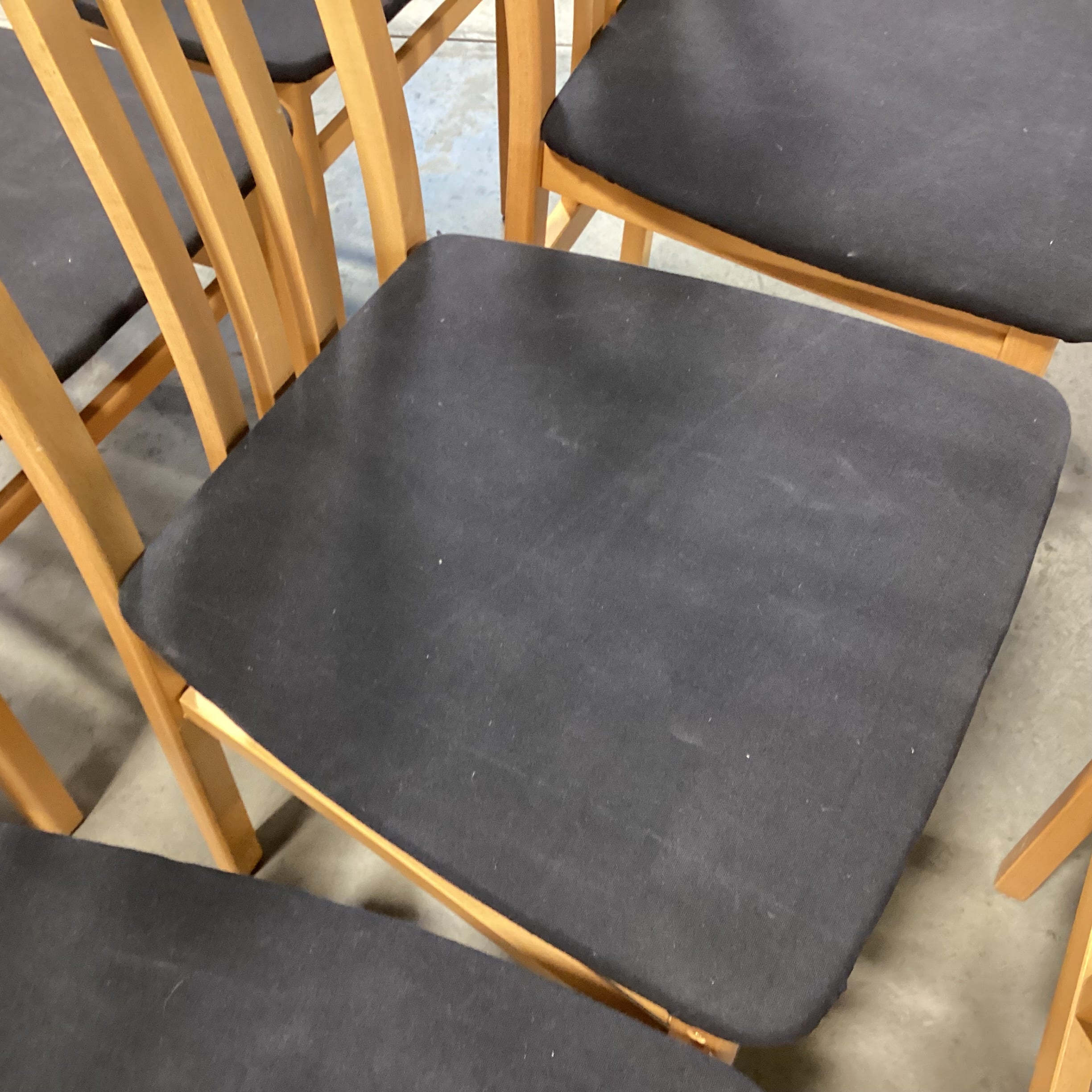 SET of 7 IMS SRL Italian Mid Century Style Teak with Black Seat Dining Chairs 18"x 20"x 42"