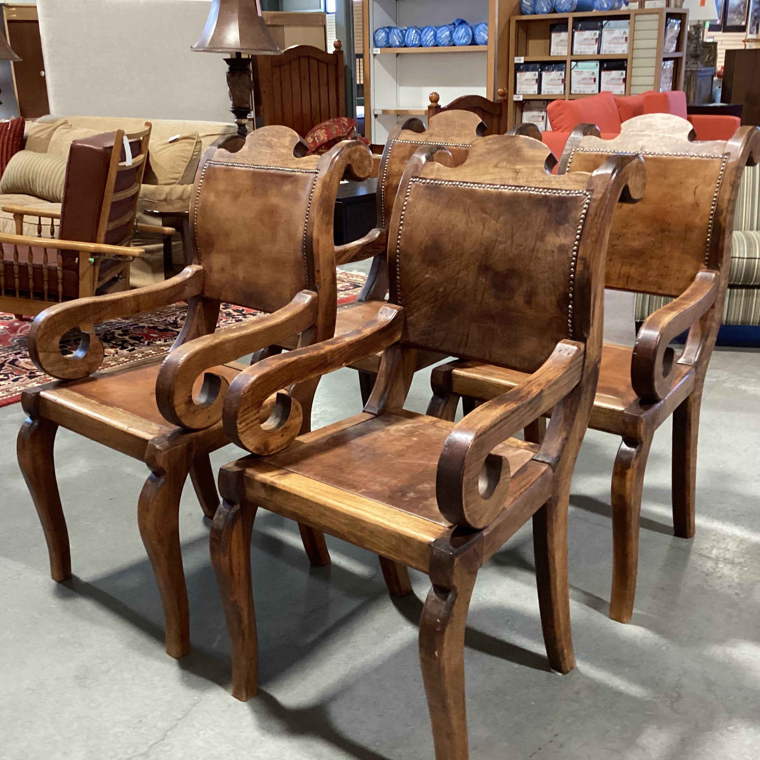 SET of 4 Rustic Distressed Carved Wood & Leather Nailhead Scroll Arm Dining Chairs 22"x 28"x 41"