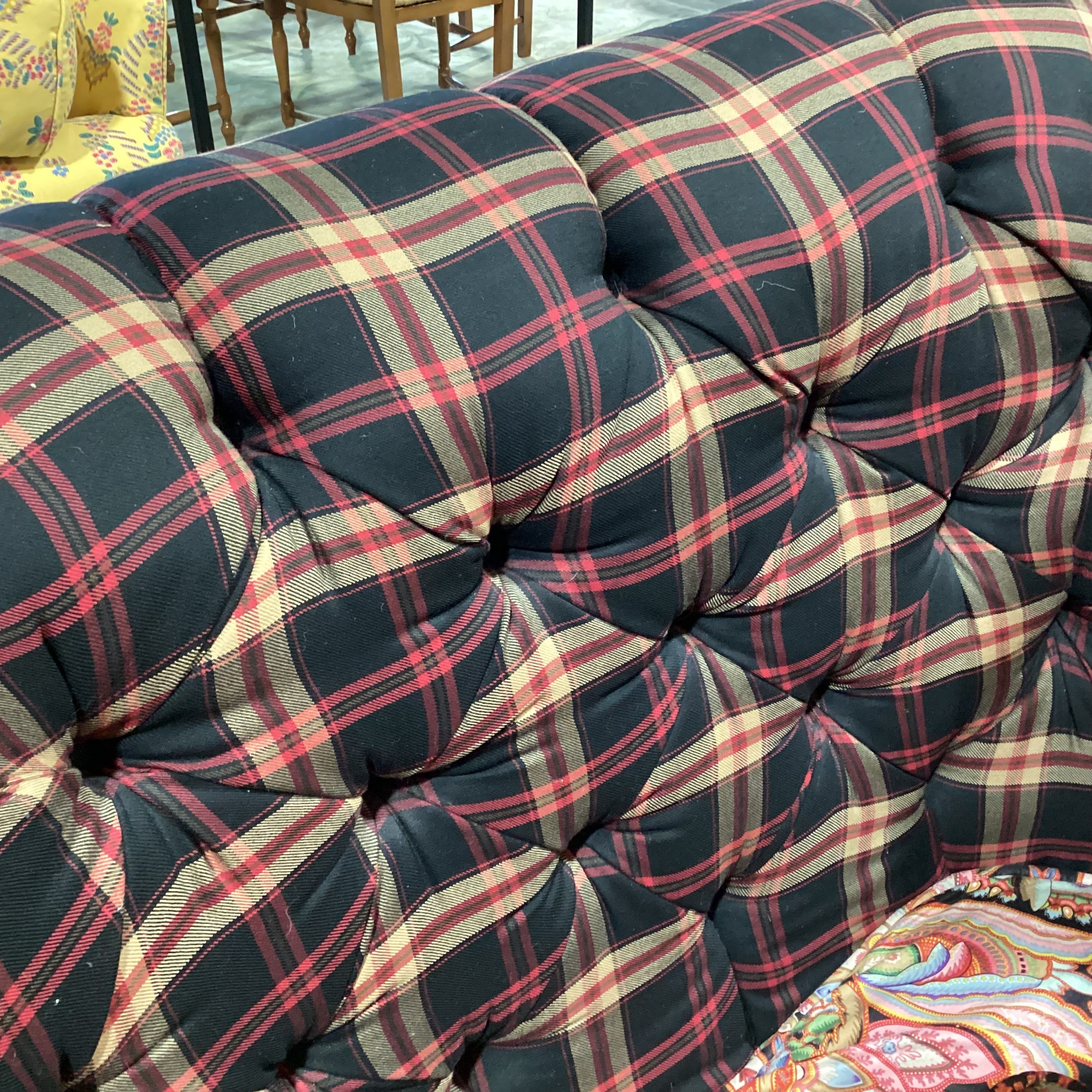 Custom Black Red Tan Plaid Button Tufted with Pink Ornate Floral Cushion & Pillows Down Mix Sofa 100"x 58"x 40"