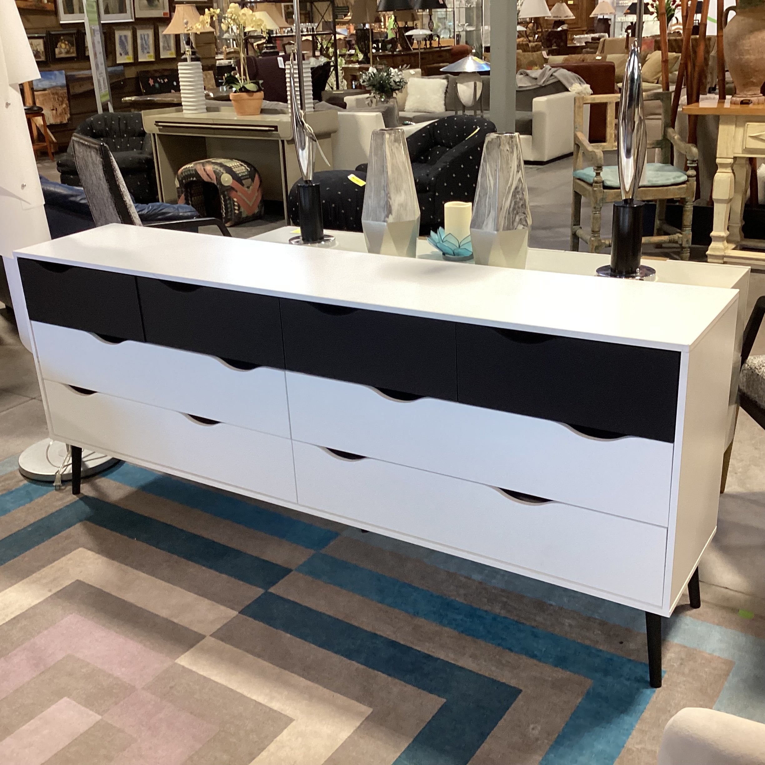 Danish Modern Black & White Laminate 8 Drawer Dresser 77"x 15.5"x 32"