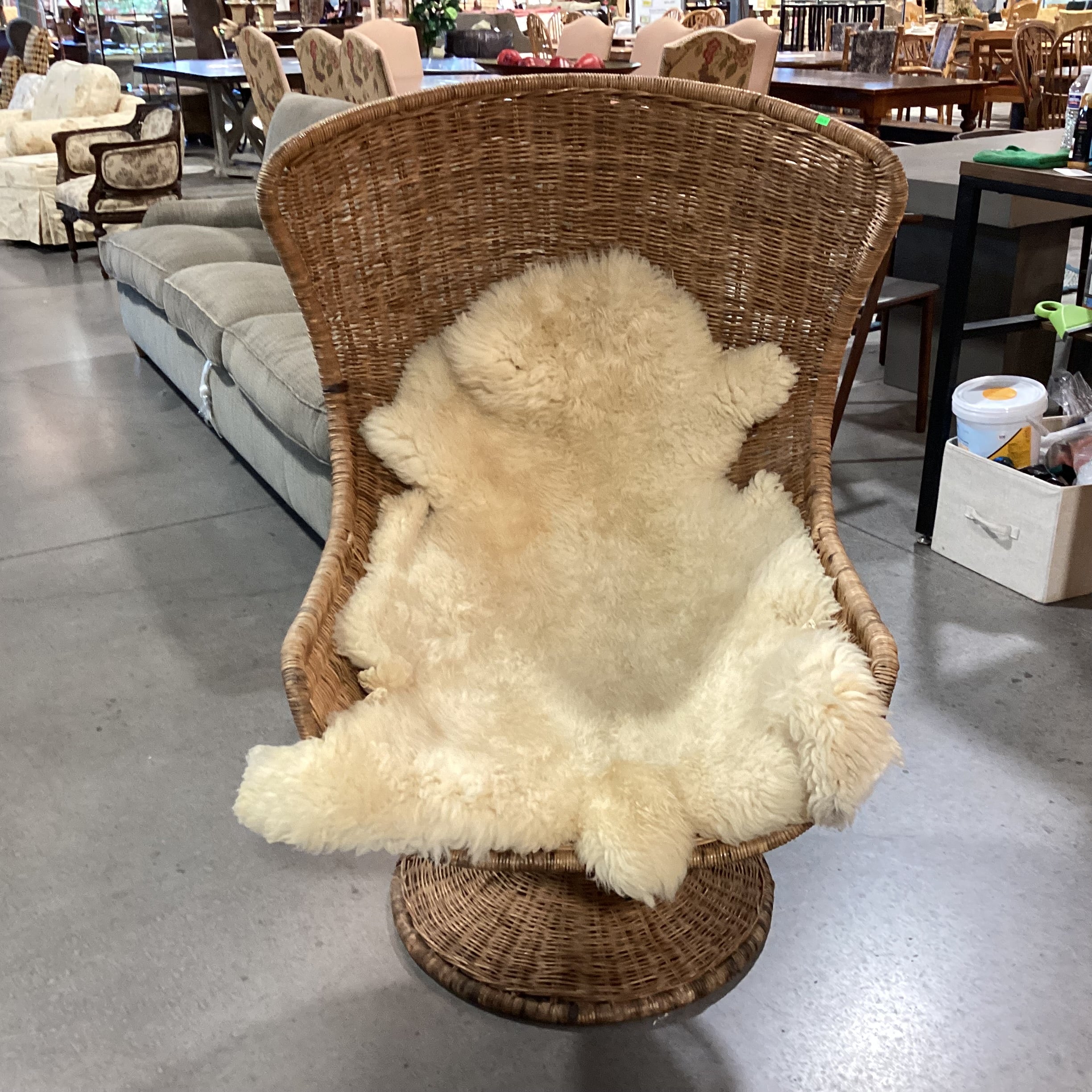 Vintage Wicker Swivel Rock with Sheepskin Chair 30"x 30"x 48"