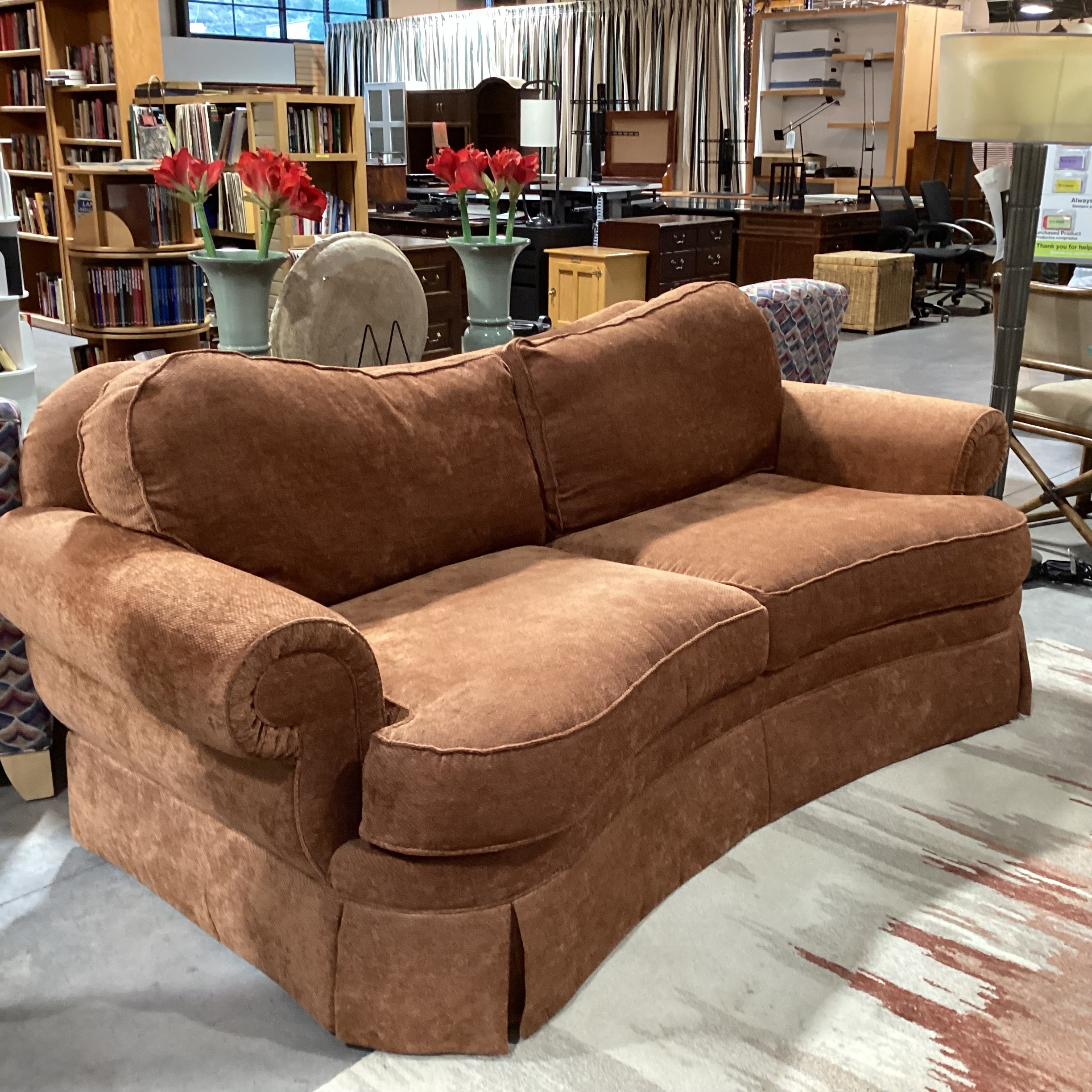 Ethan Allen Burnt Orange Chenille Woven with Roll Arm Curved Sofa 90"x 45"x 35"