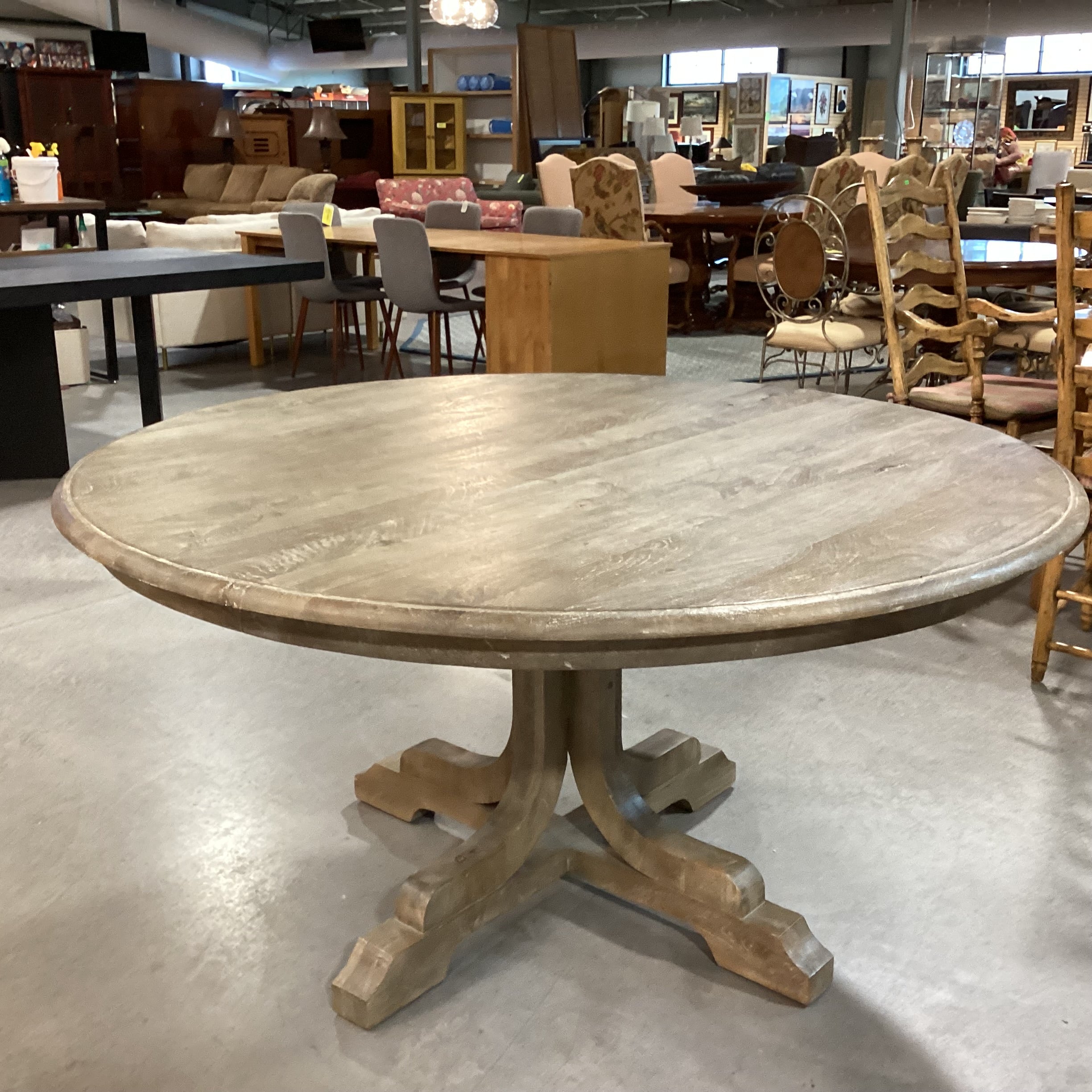Pottery Barn Linden Grey Washed Mango Wood Round Pedestal Dining Table 60" Diameter x 30.5"