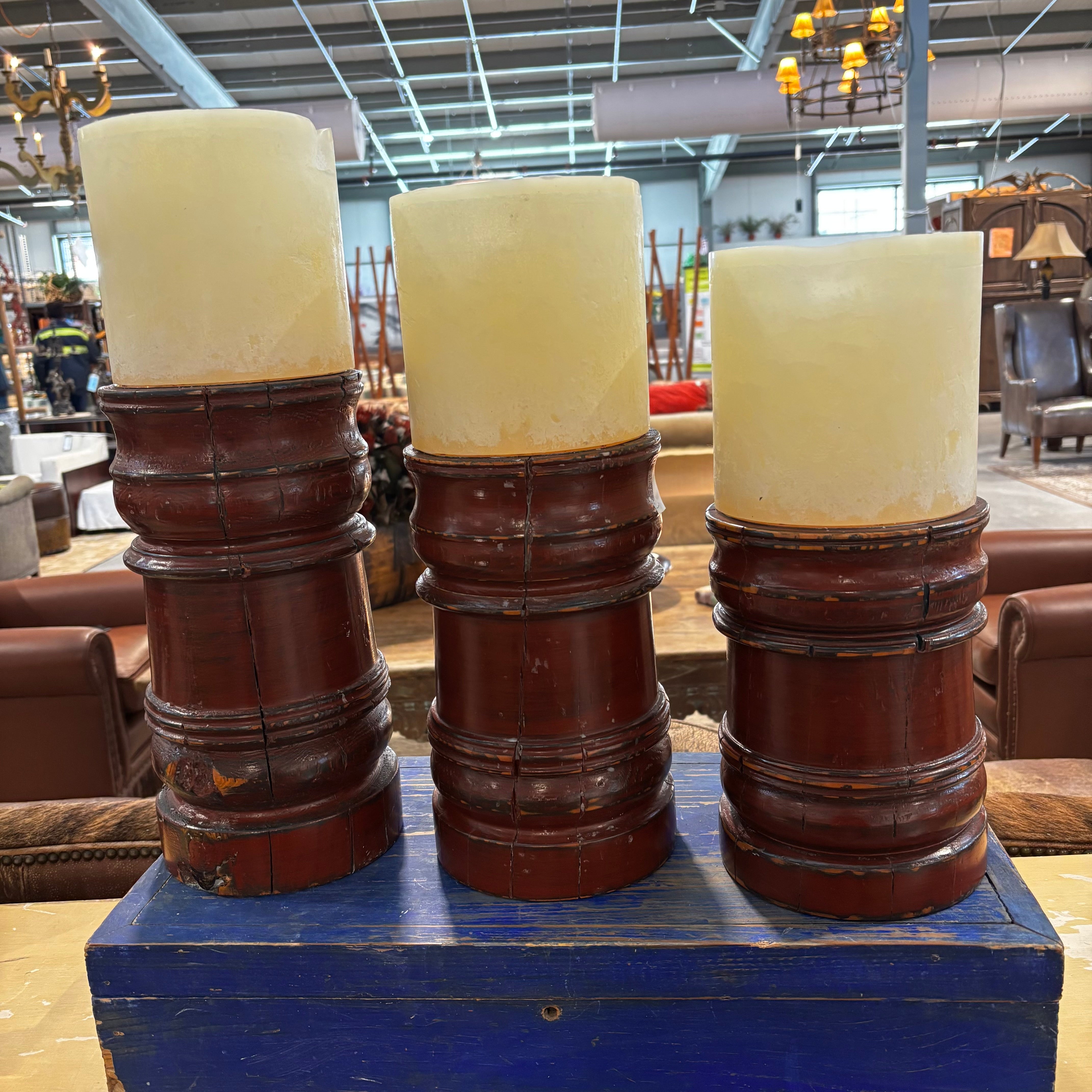 Set of 3 Asian Red Lacquer Bamboo Style Copper Top Candle Holders 6.5"x 9", 6.5"x 11", 6.5"x 13"