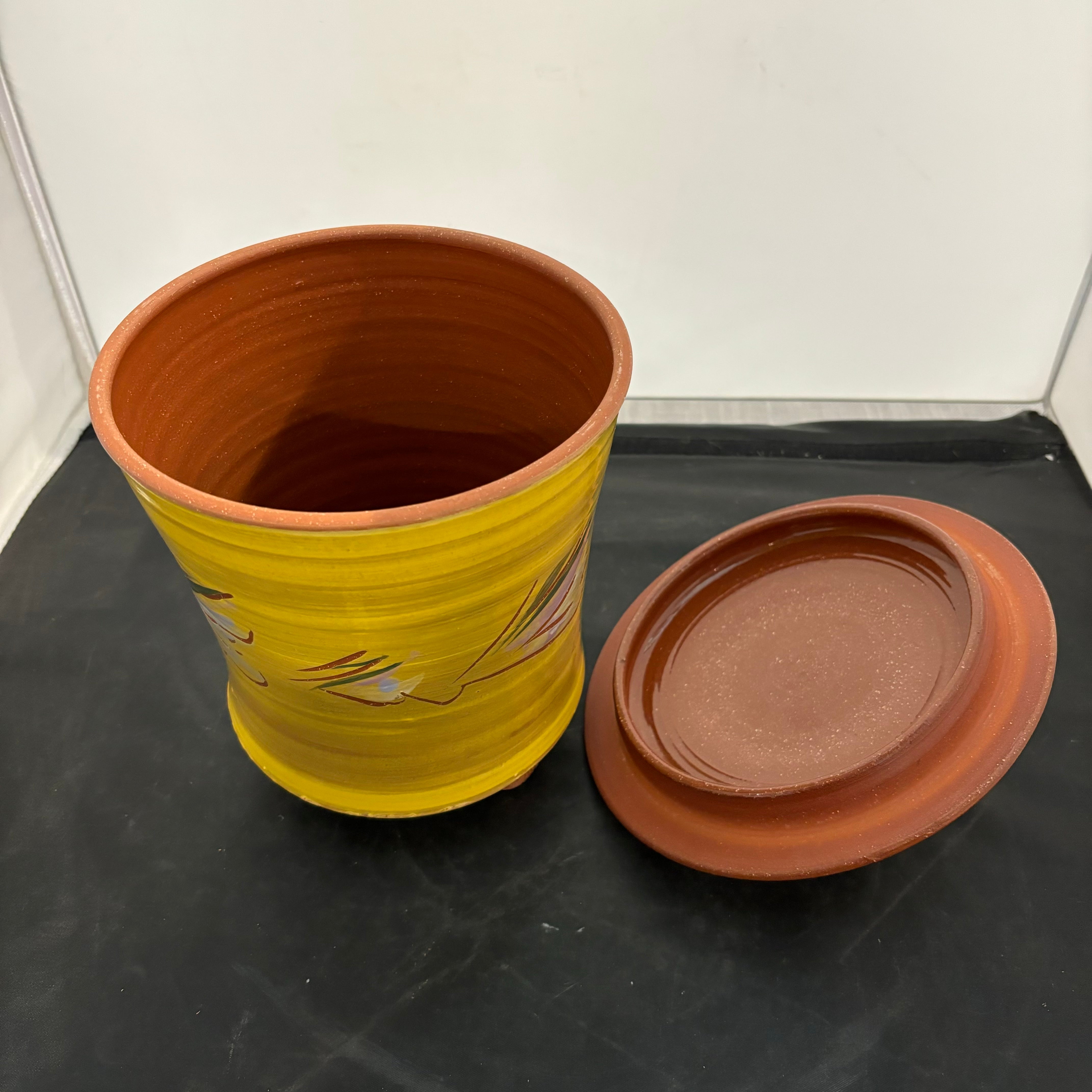 Unique Footed Terra Cotta and Yellow Canister with Lid 8.25"x 8.25"