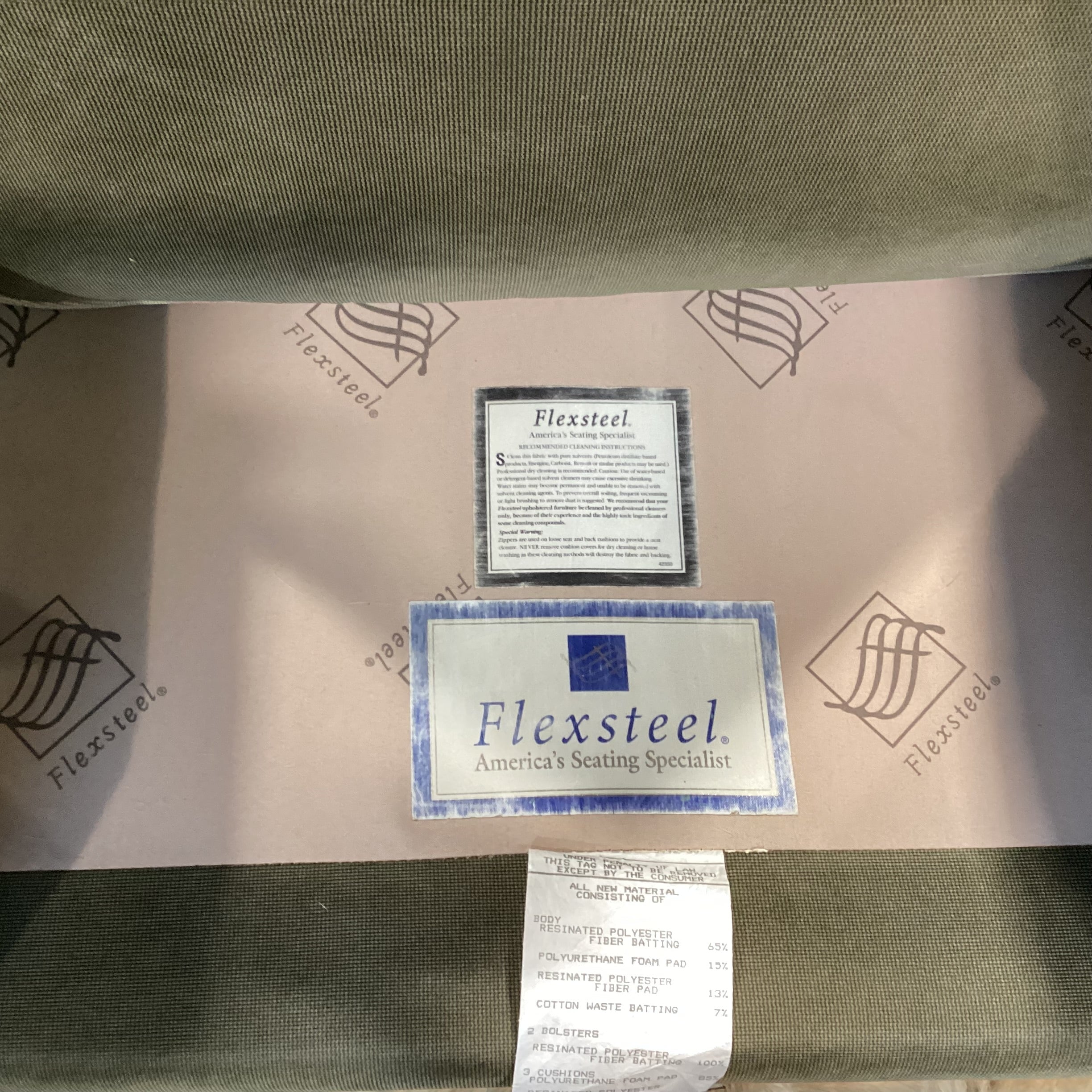 Flexsteel Olive Woven with Cream Piping Sofa 75"x 38"x 36"