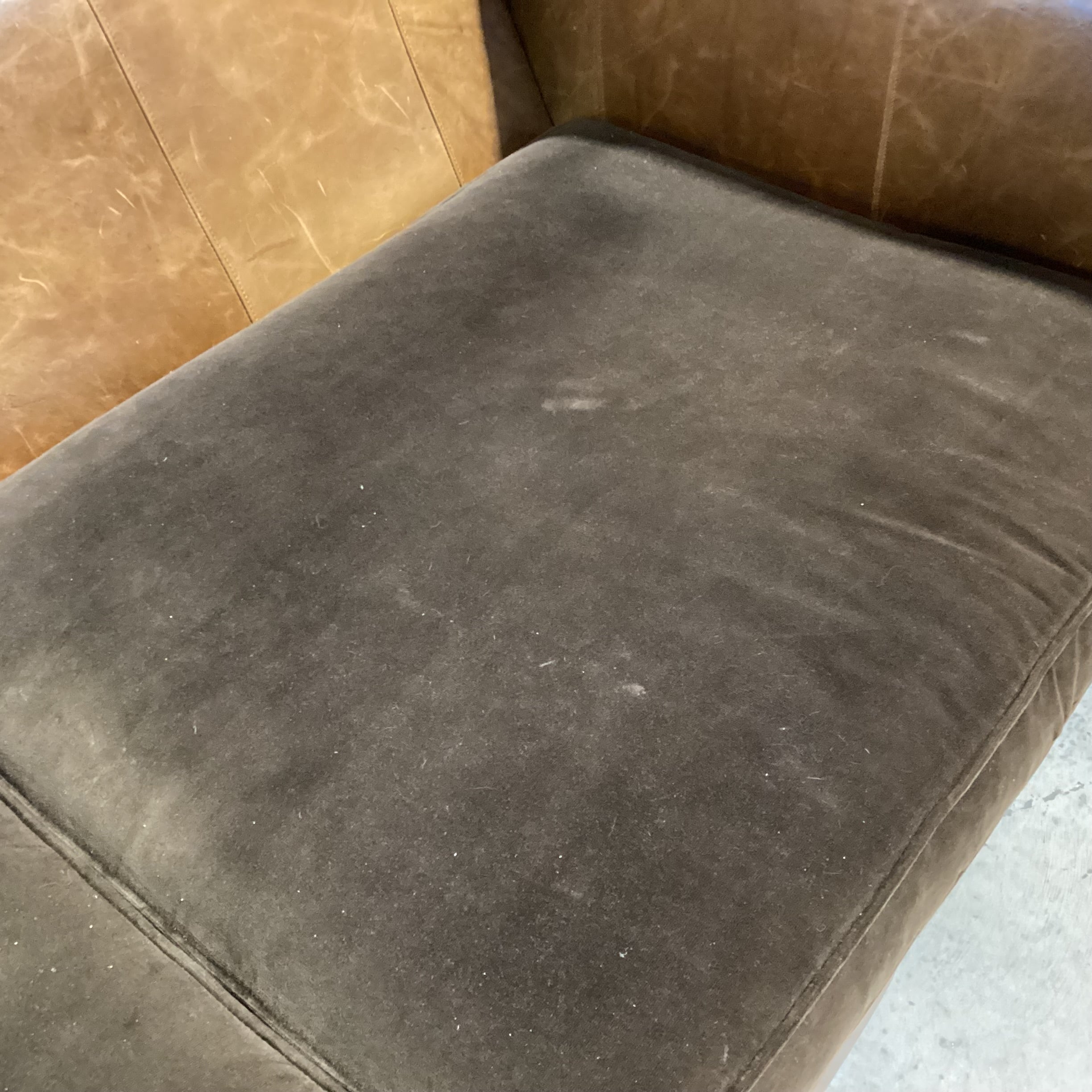 Leather Nail Head Roll Arm & Back with Brown Velvet Seat Cushions Sofa 94"x 46"x 30"
