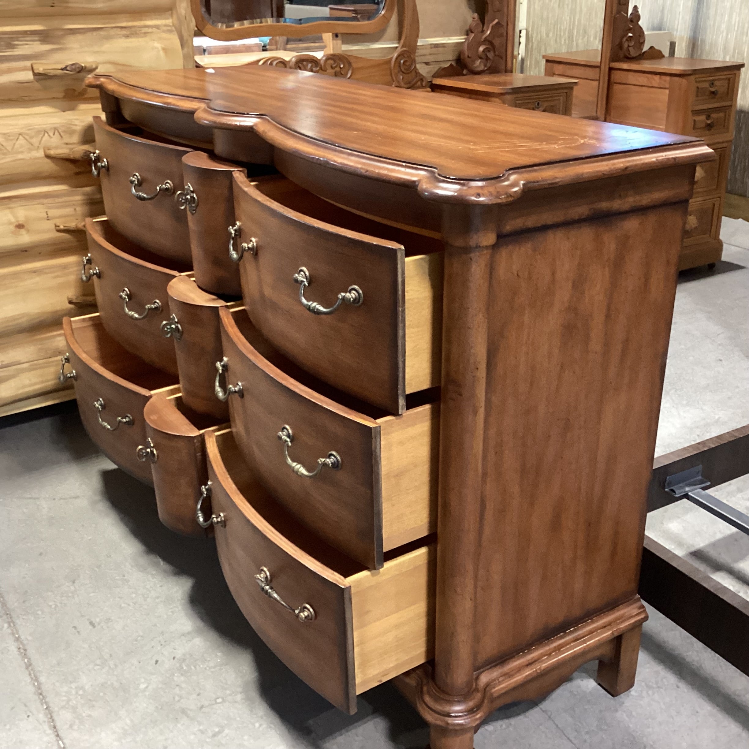 Hickory White Distressed Carved Curved Front 9 Drawer Dresser 64"x 20"x 42"