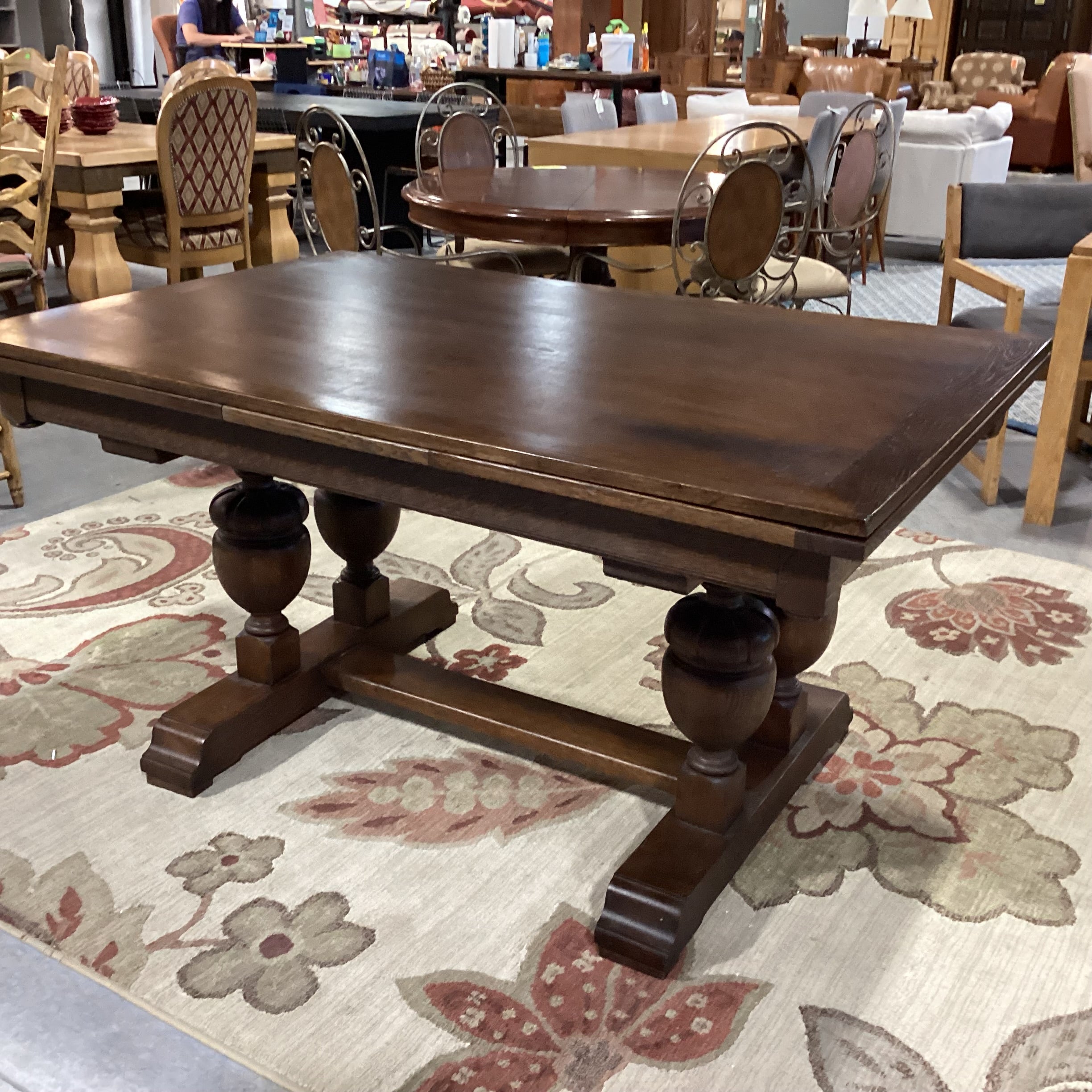 Antique Oak with Ornate Carved Trestle & 2 Extended End Leaves Dining Table 59" to 104"x 39"x 31"
