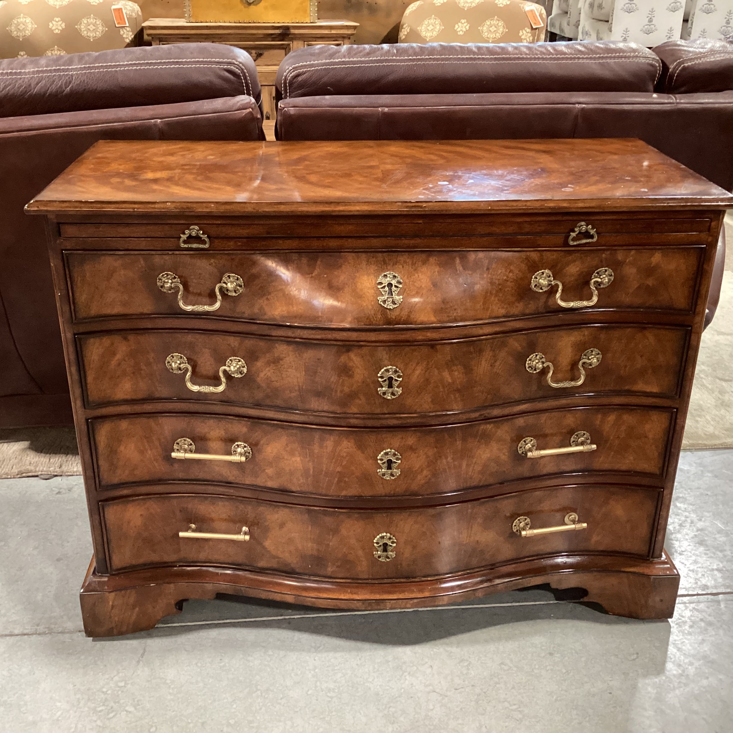 Theodore Alexander Flamed Mahogany Veneer & Carved Wood Ornate Brass Accent with Leather Top Pullout 4 Drawer Chest 42.5"x 18.5"x 32"