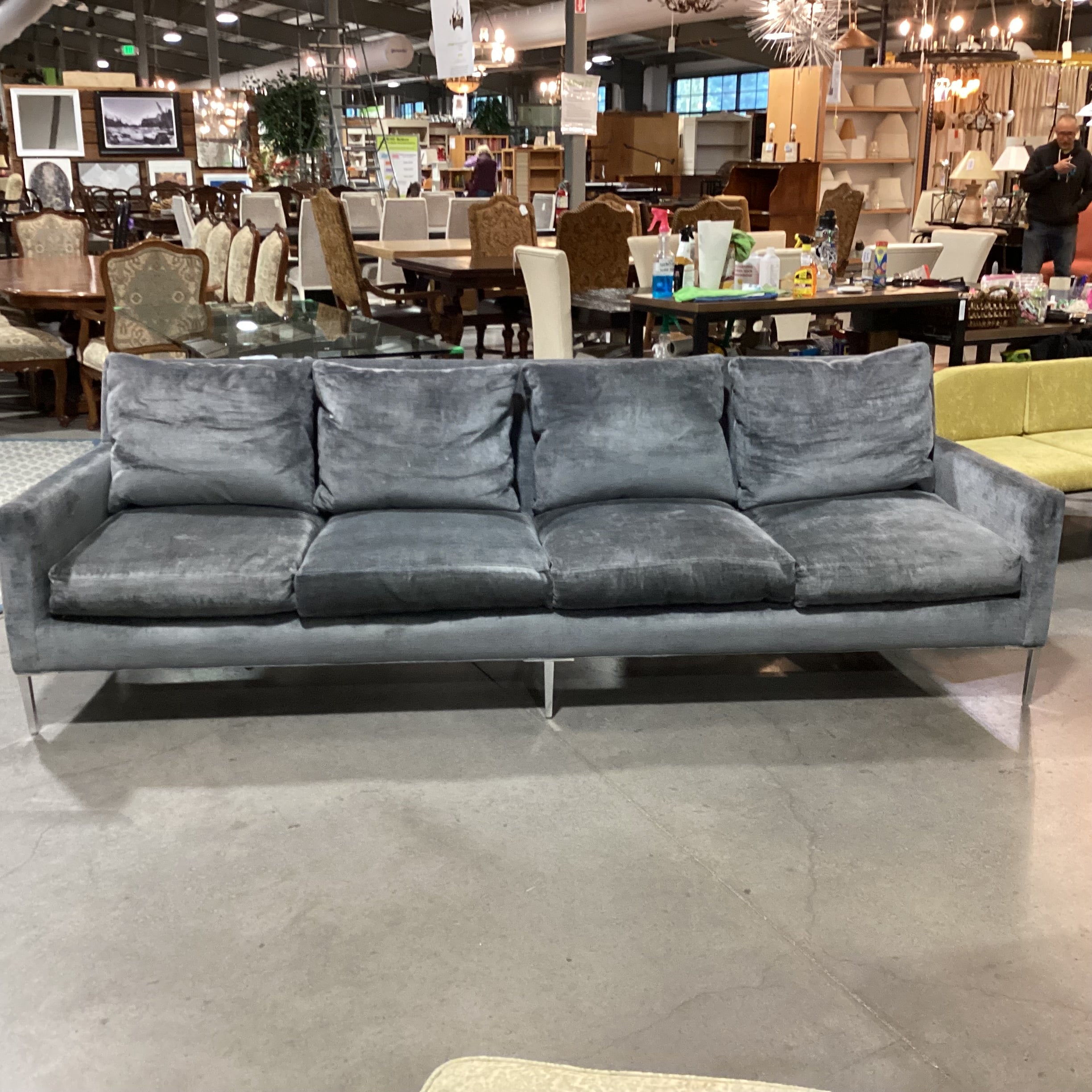 Lee Industries Custom Blue Grey Textured Velvet Down Mix & Chrome Modern Sofa 107"x 36"x 34"
