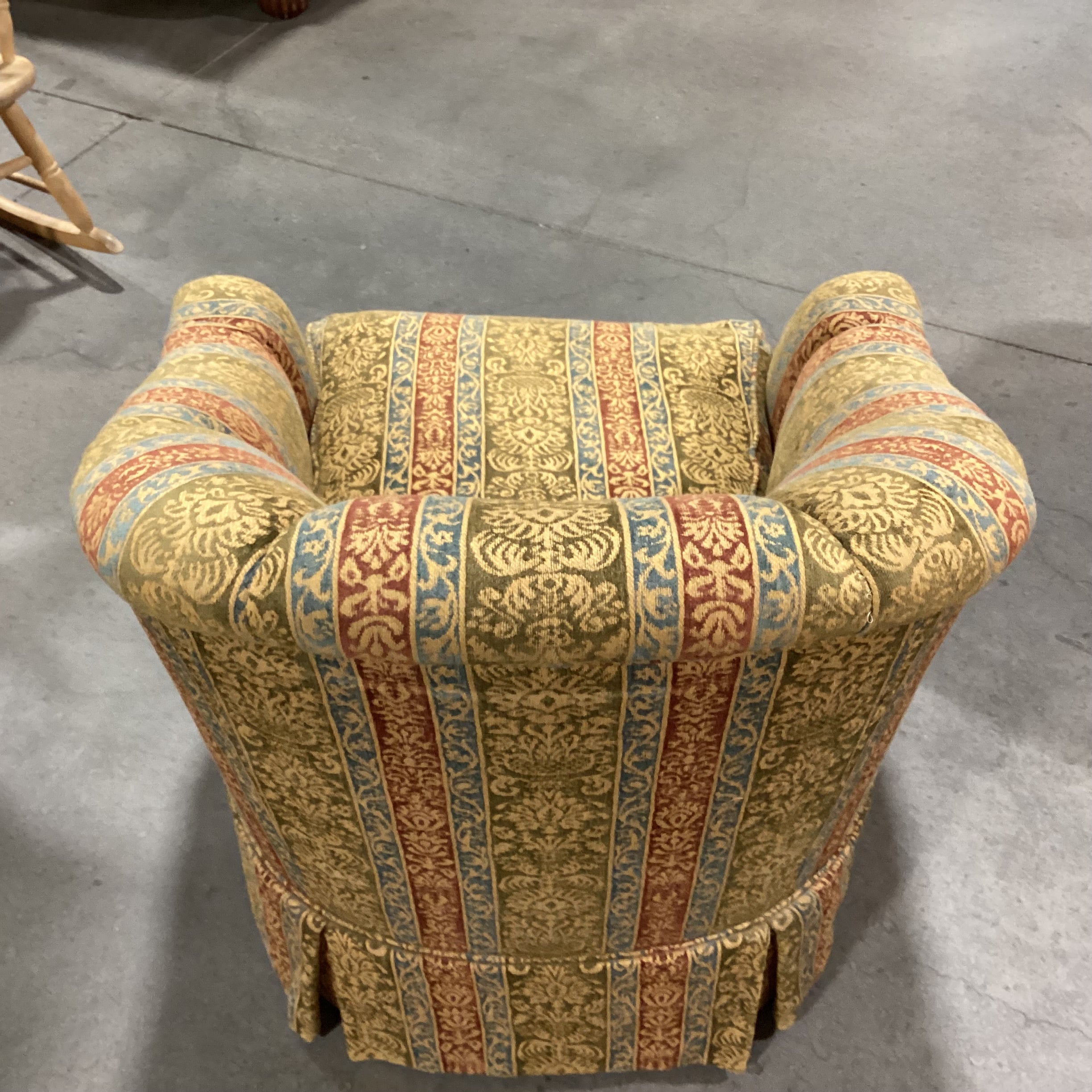 Custom Gold Sage Blue Rust Ornate Woven Ribbon Floral Scallop Back on Casters Chair 33"x 34"x 33"