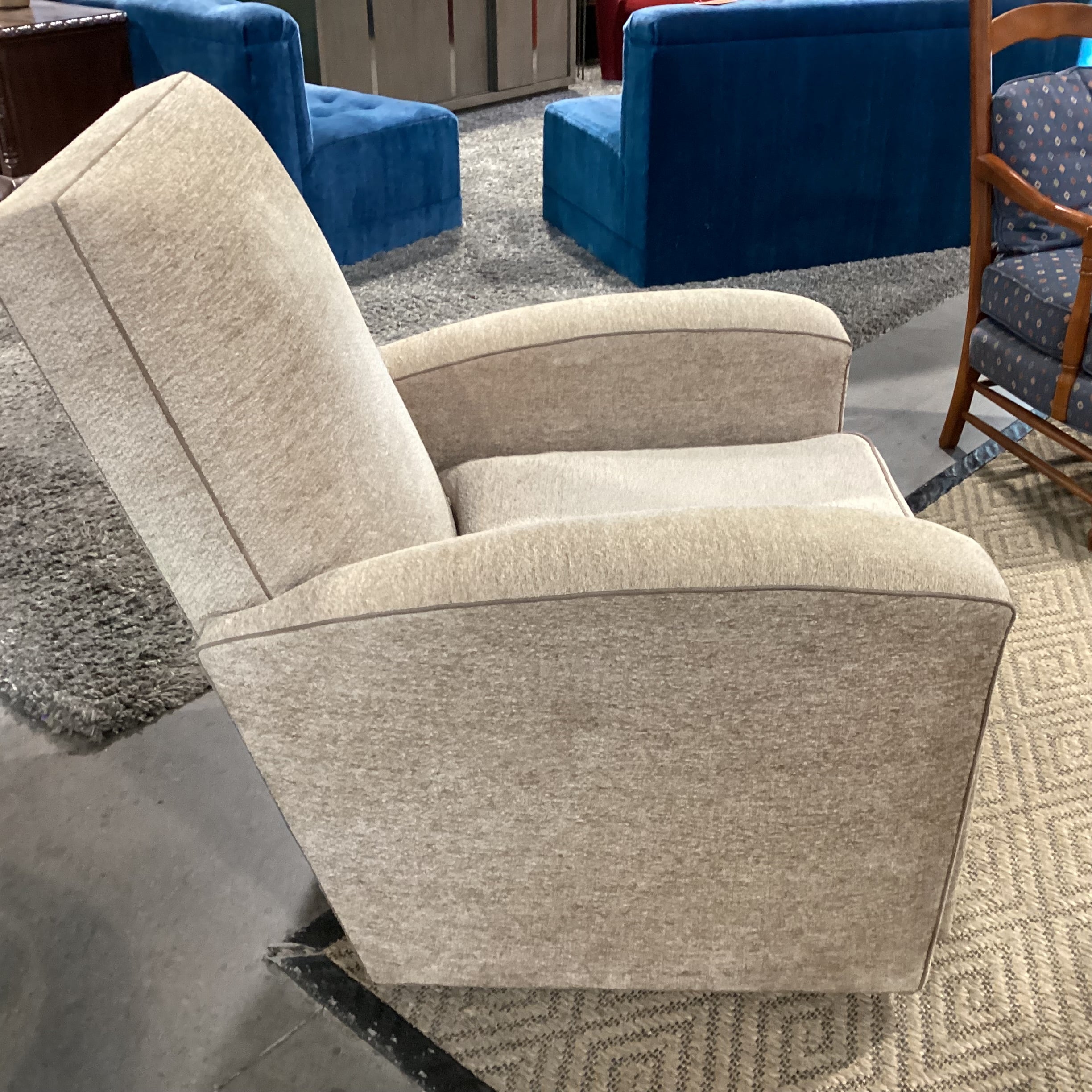 Beige Texture Woven Chenille with Taupe Piping Swivel Recliner Chair 35"x 40" to 66"x 41"