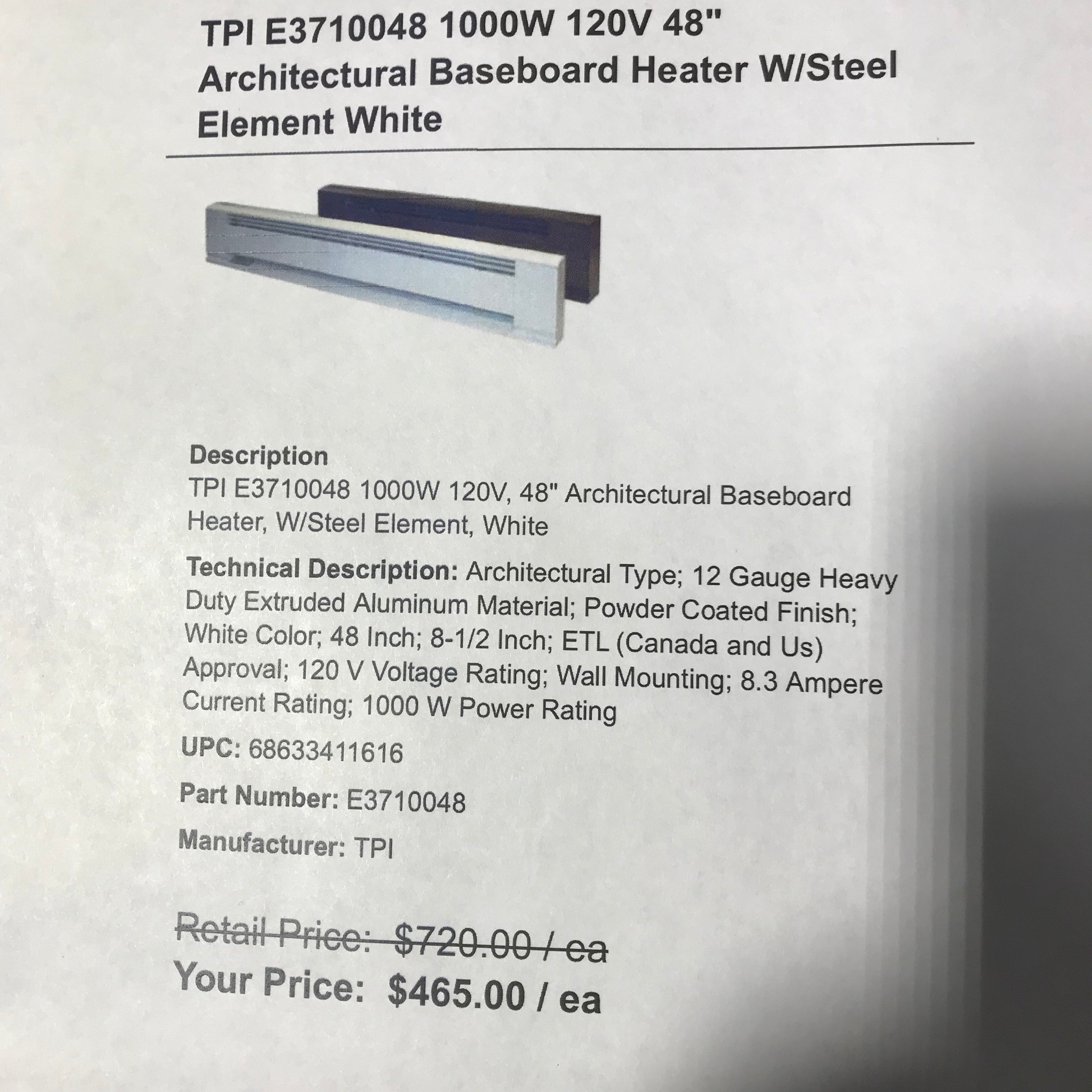 TPI E3710048 1000W 120V 48" Architectural Baseboard Heater W/Steel Element White