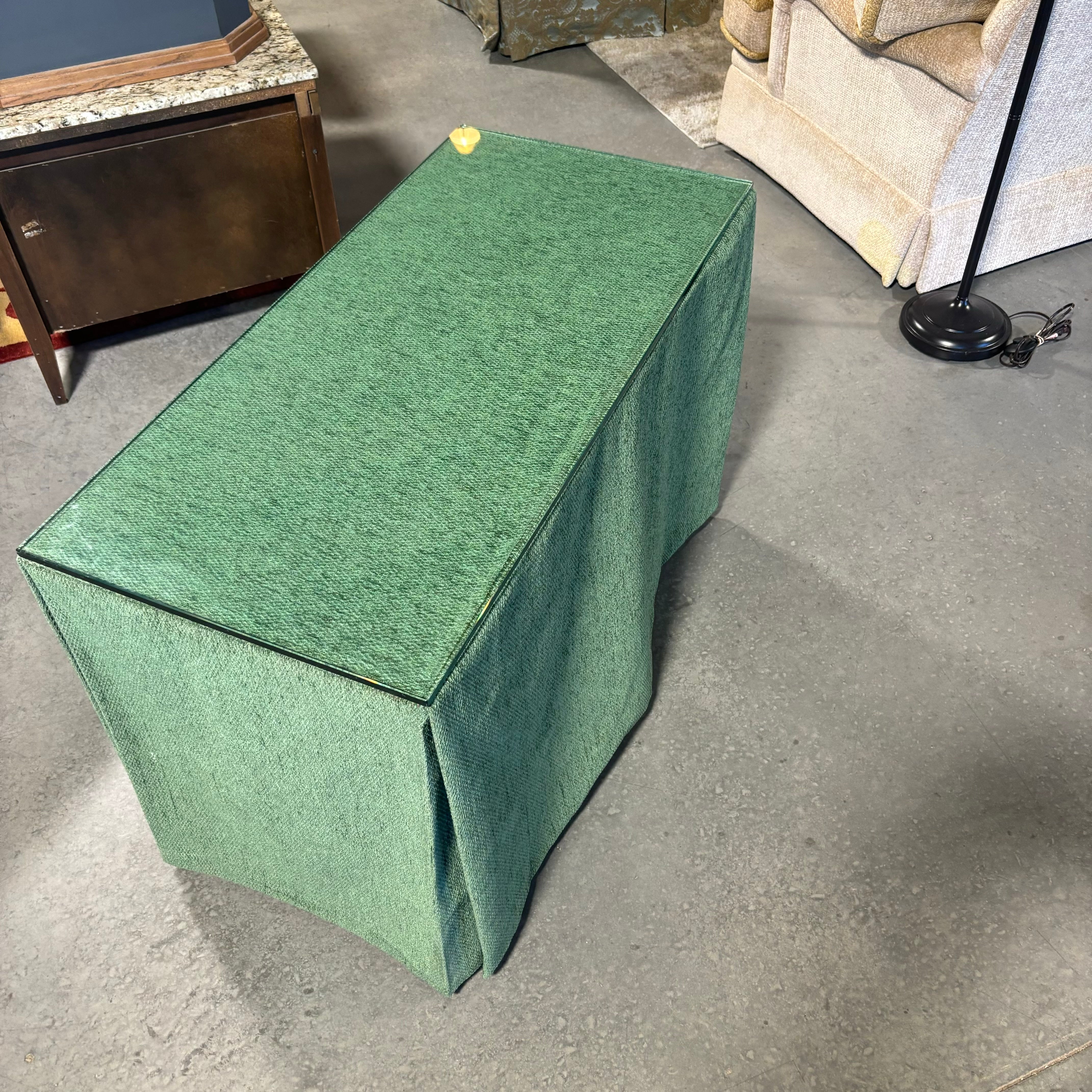 Custom Green Chenille Covered Natural Wood with Glass Top Accent Table 42"x 20"x 29"