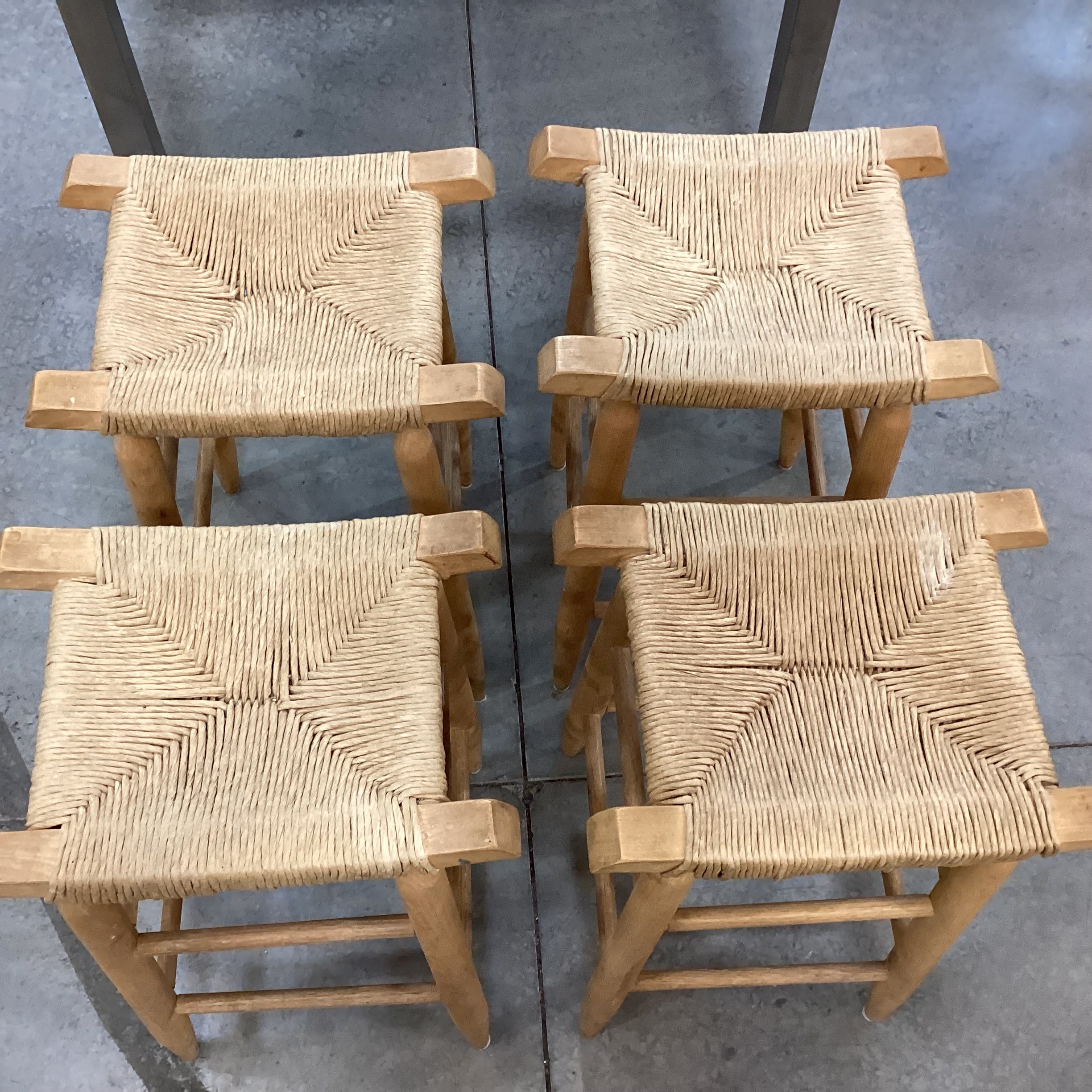 SET of 4 Vintage Natural Wood & Rush Seat Barstools 25"