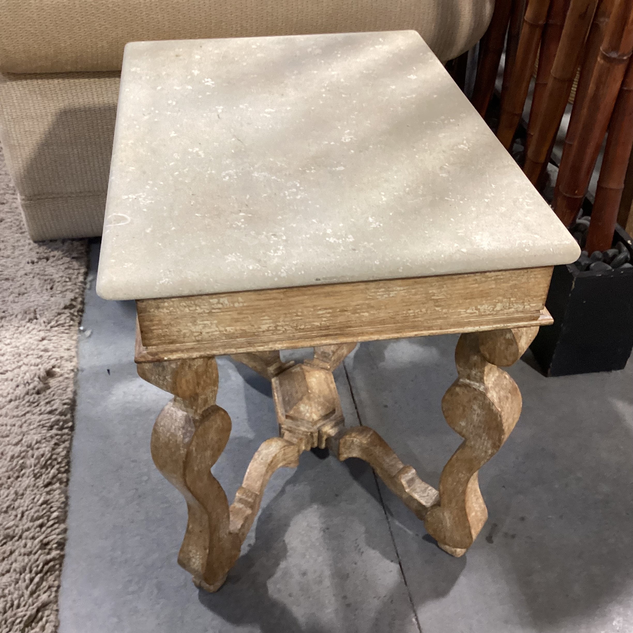 Blonde Antiqued Distressed Finish Carved Wood & Stone End Table 28"x 20"x 24"