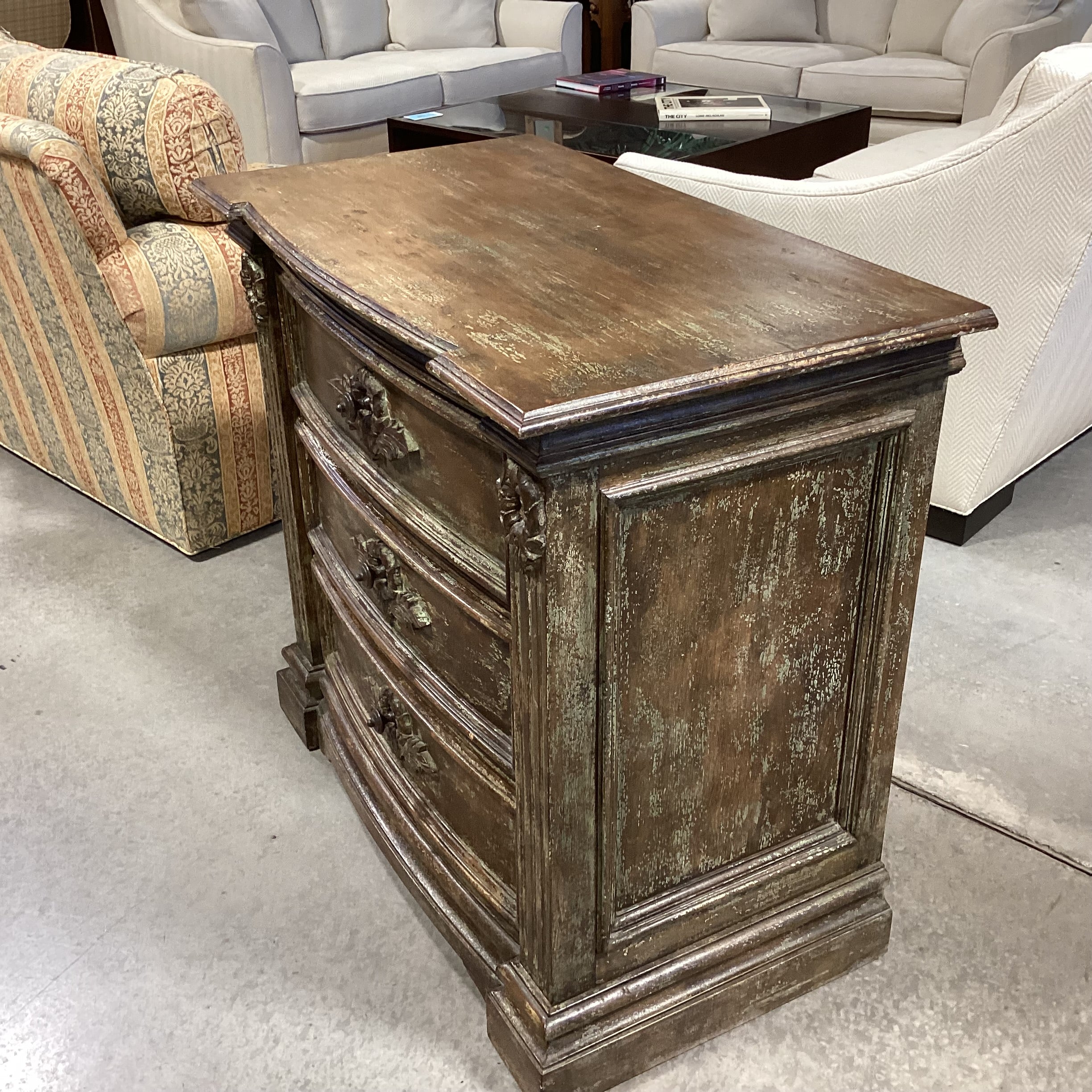 Antiqued Distressed Carved Wood 3 Drawer Nightstand 36"x 20"x 33"