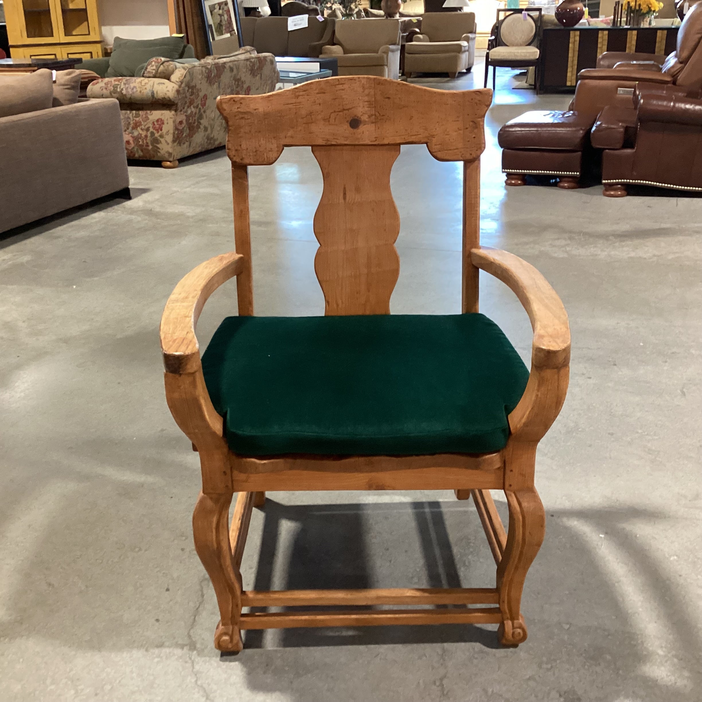 Vintage Natural Carved Wood with Green Cushion Chair 30"x 27"x 41"