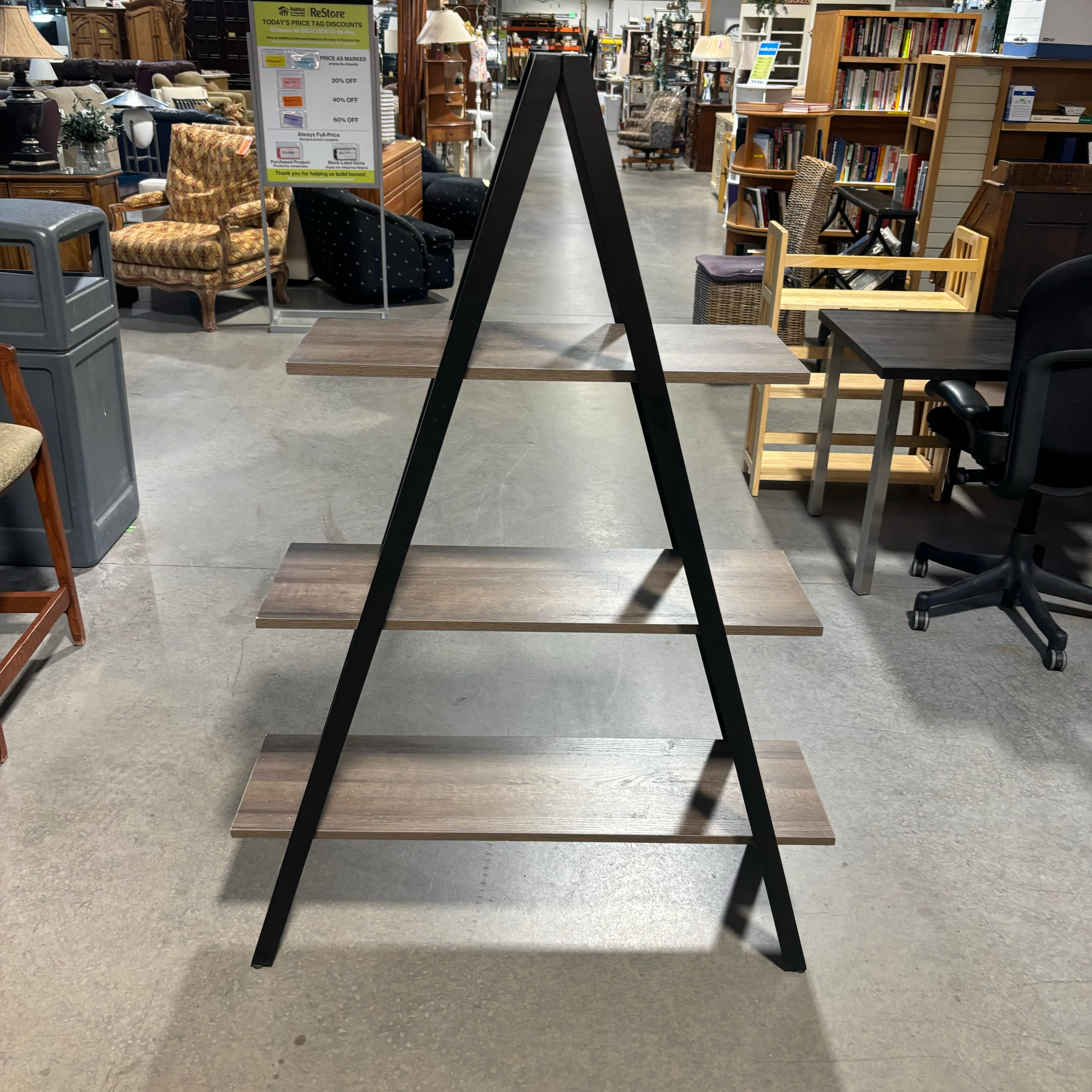 Grey Wood Style Laminate & Black Steel 3 Tiered Triangular Bookshelf 42"x 15"x 60"