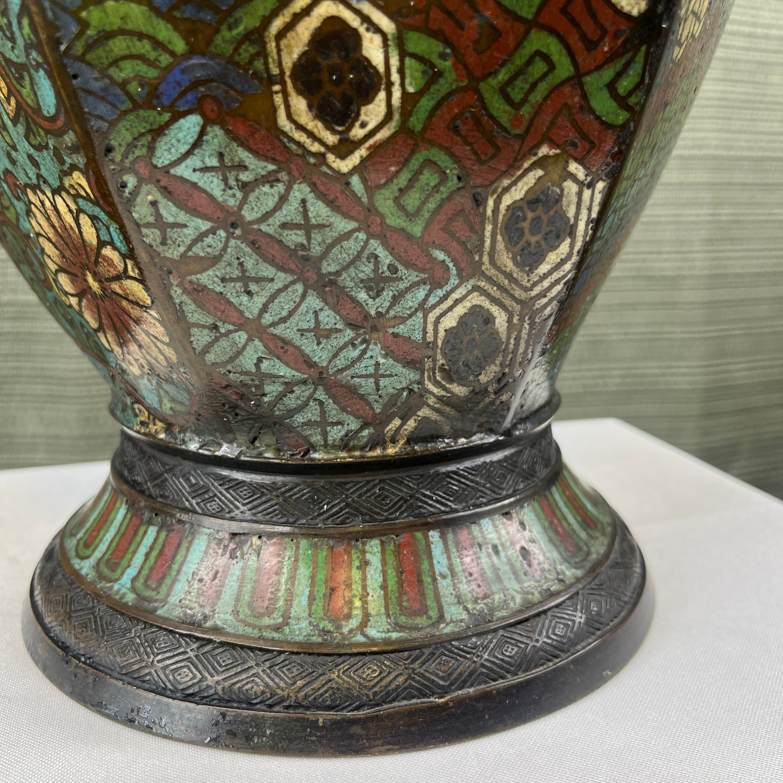 19th Century Multi Colored Cloisonne Enamel Patina Bronze Oriental Vase Table Lamp 9" Diameter x 21"