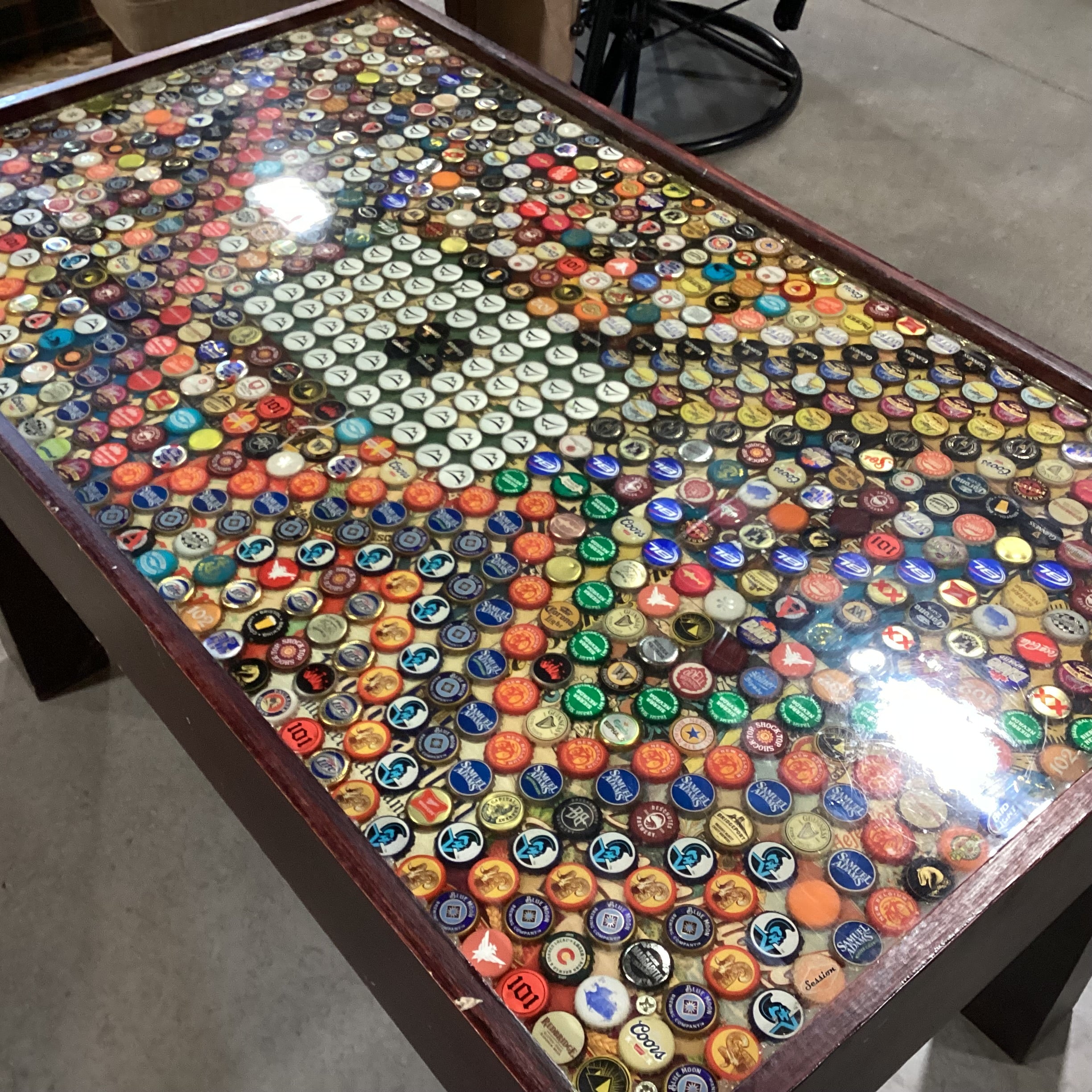 Handmade Wood & Bottle Top Design Accent Table 44.5"x 25.5"