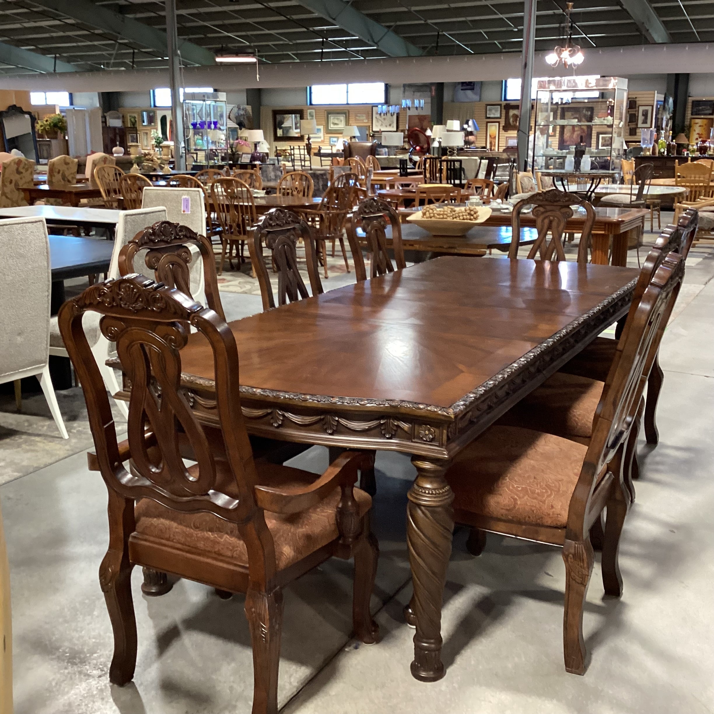 Ashley Furniture North Shore Ornate Carved Wood 2 Leaf Table with 8 Chairs Dining Set 108"x 44"X 31"