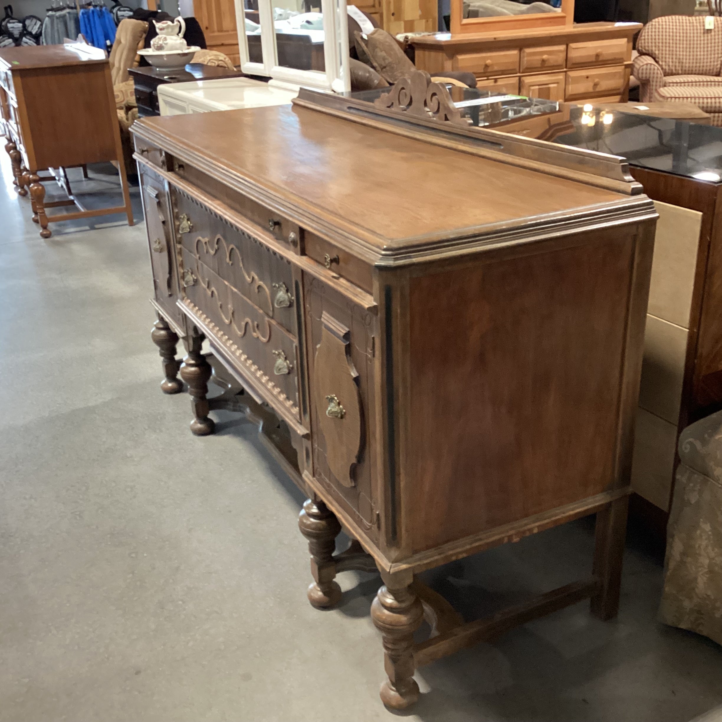 Antique Carved Detail & Ornate Molding 5 Drawer 2 Door Sideboard 67"x 22.5"x 43.5"